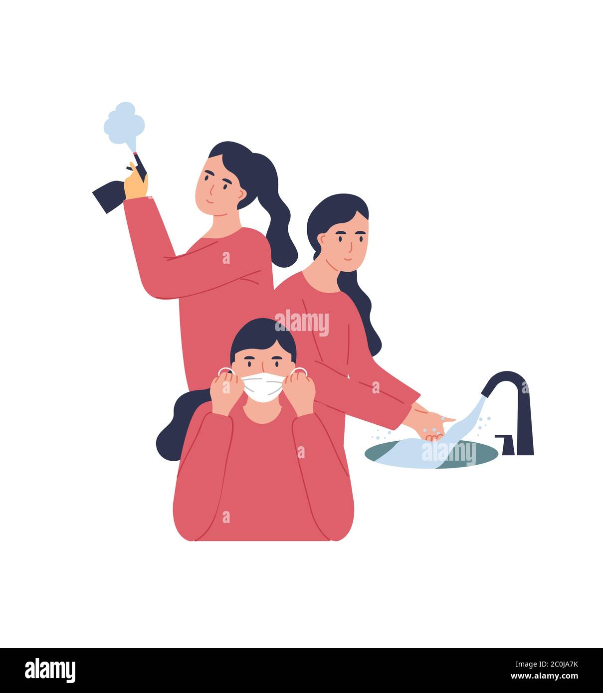 Frau Charakter unter Gesundheitsschutzmaßnahmen für Coronavirus-Prävention. Mädchen Hände waschen, desinfizieren und tragen Gesichtsmaske auf Isolat Stock Vektor