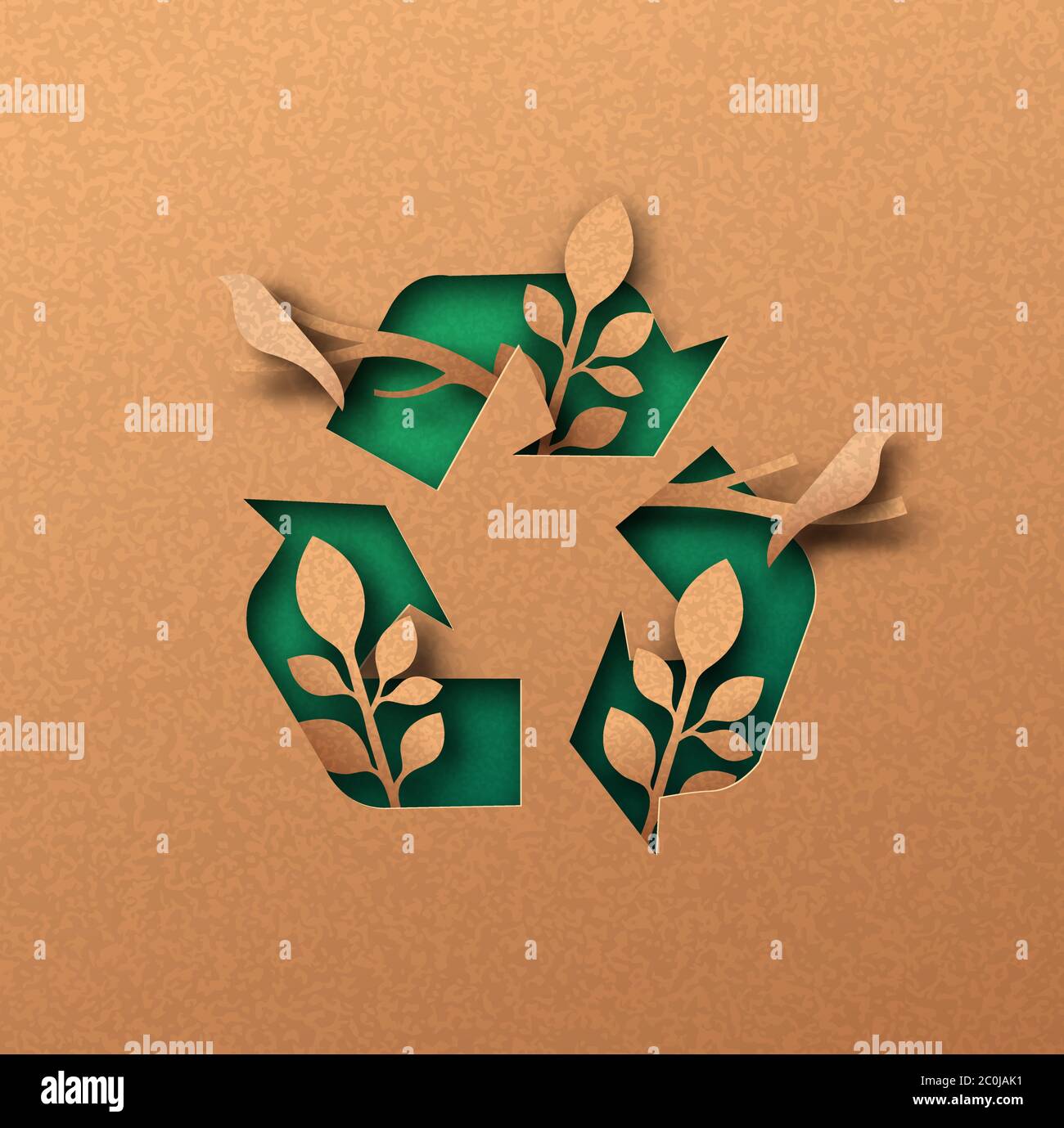 Recycling Icon Papierschnitt Illustration mit Pflanzen Blatt und Vogel Tiere. Umweltfreundliches Recycling-Symbol, Wiederverwendung Abfallkreislauf Konzept. 3d-Ausschnitt in recyceltem p Stock Vektor