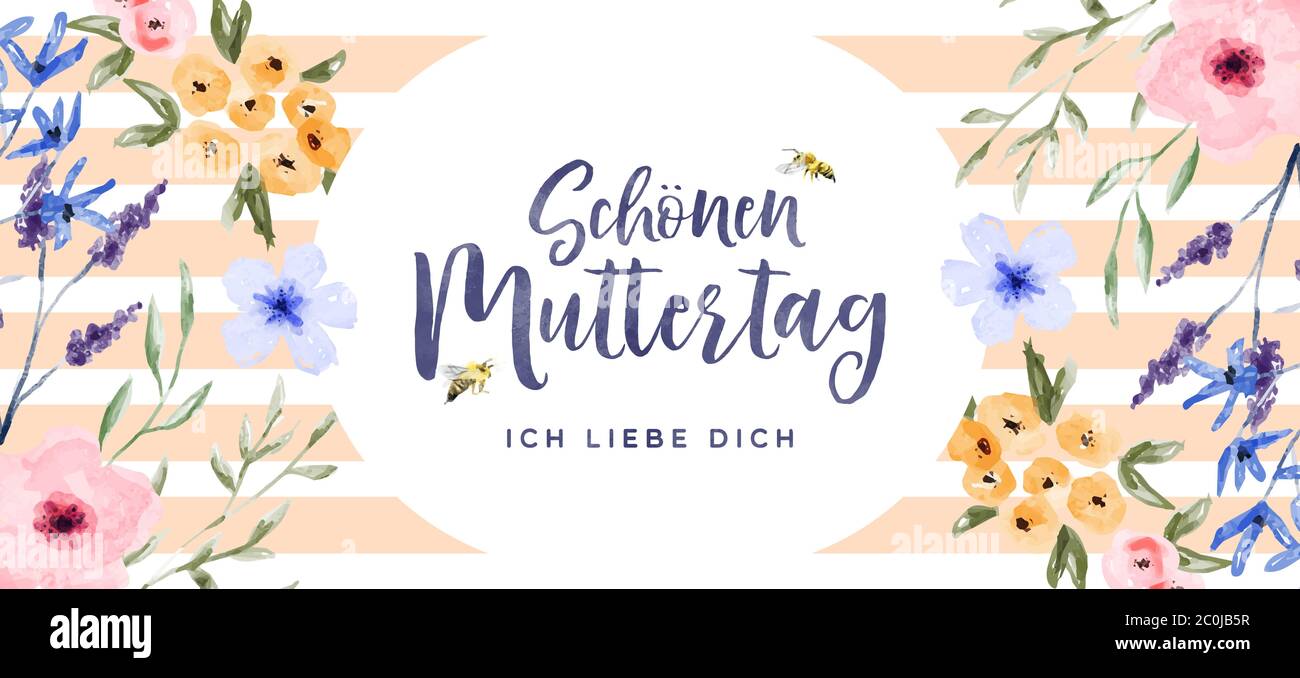 Glückwunschkarte Banner in deutscher Sprache, handgezeichnete Aquarellblumen und Gartenbienen. Frauen Familienurlaub floral Frühling decorati Stock Vektor