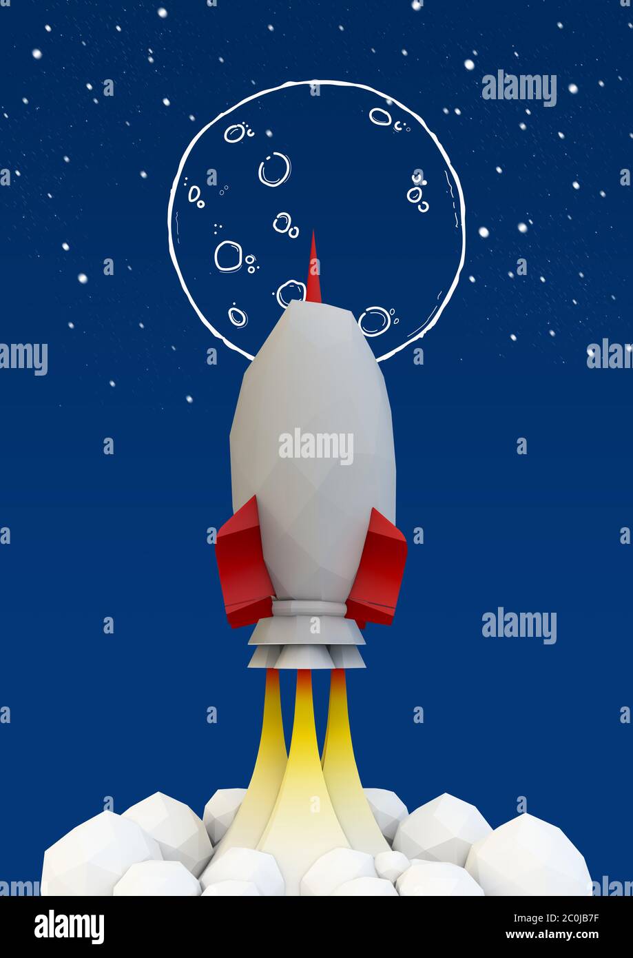 Rakete starten low Poly Stil 3d-Rendering und Mond Illustration Stockfoto