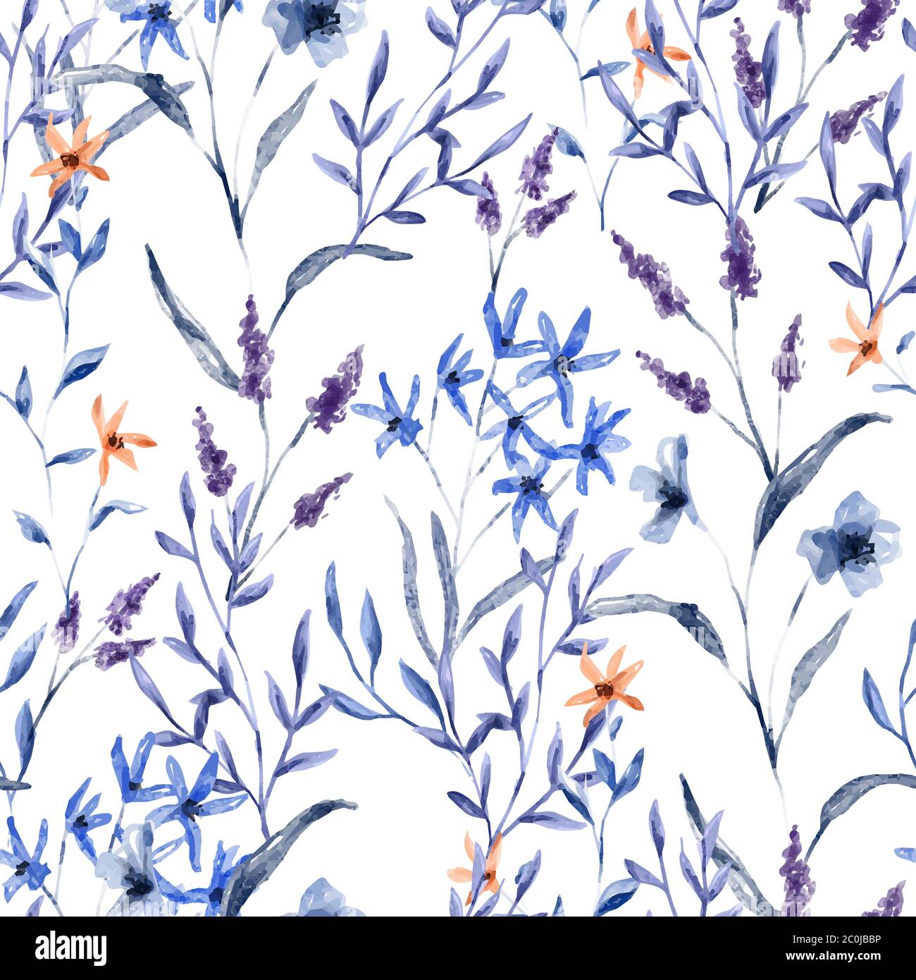 Vintage floral Aquarell nahtlose Muster, handgezeichnete Frühling Blume Hintergrund enthält wilde Pflanze, Lavendel und Blatt Zweig. Stock Vektor