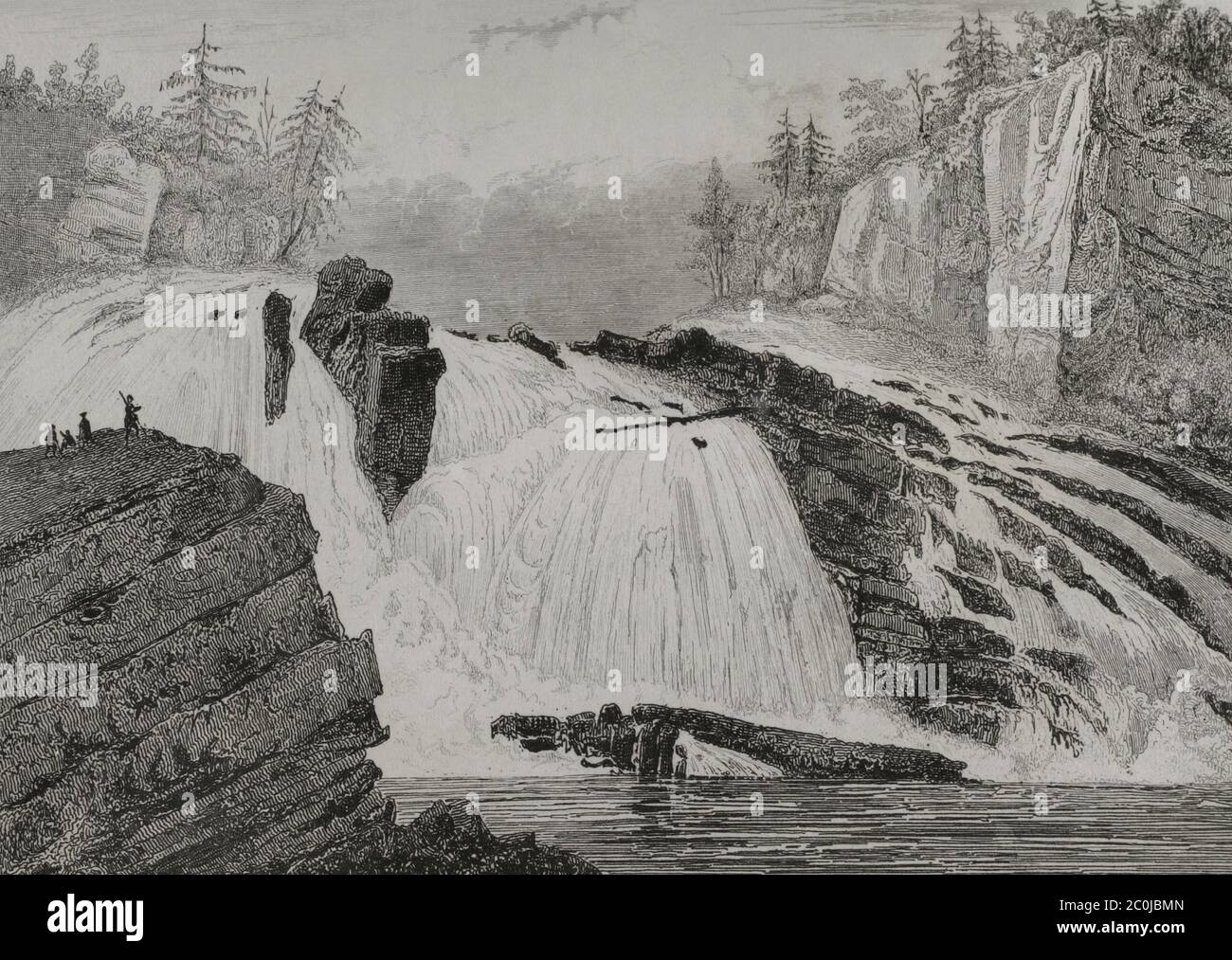 Cataratas en el arroyo Adley. Condado de Stearns, en el Estado de Minnesota. Estados Unidos de América. Grabado por Milbert. Panorama Universal. Historia de los Estados Unidos de América, por Roux de Rochelle. Edición española, impresa en Barcelona,1850. Stockfoto