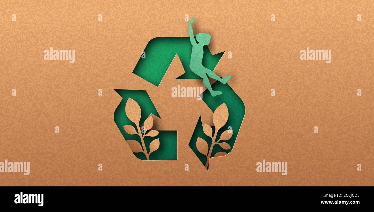 Recycling Symbol Papierschnitt Banner mit Pflanzenblatt und glückliche Frau. Umweltfreundliches Recycling-Symbol, Ökologie-Projektkonzept. 3d-Ausschnitt in recyceltem Papier zurück Stock Vektor