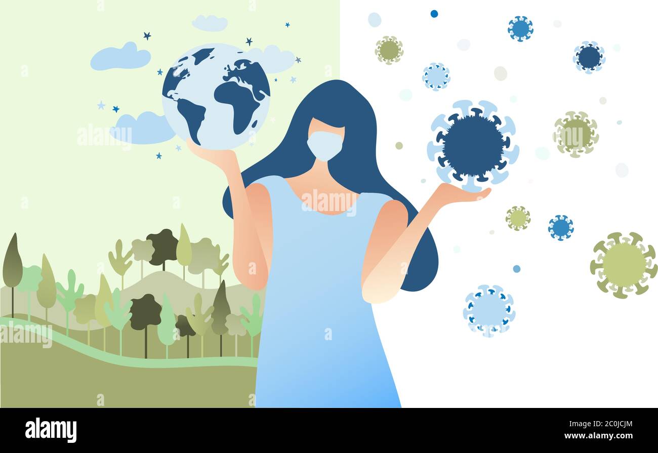 Frau, die den Globus in der einen Hand hält und Coronavirus in der anderen. Denken an unsere Zukunft. Covid-19 Epidemie ist unsere Welt. Bleib sicher. Vektor flach. Stock Vektor