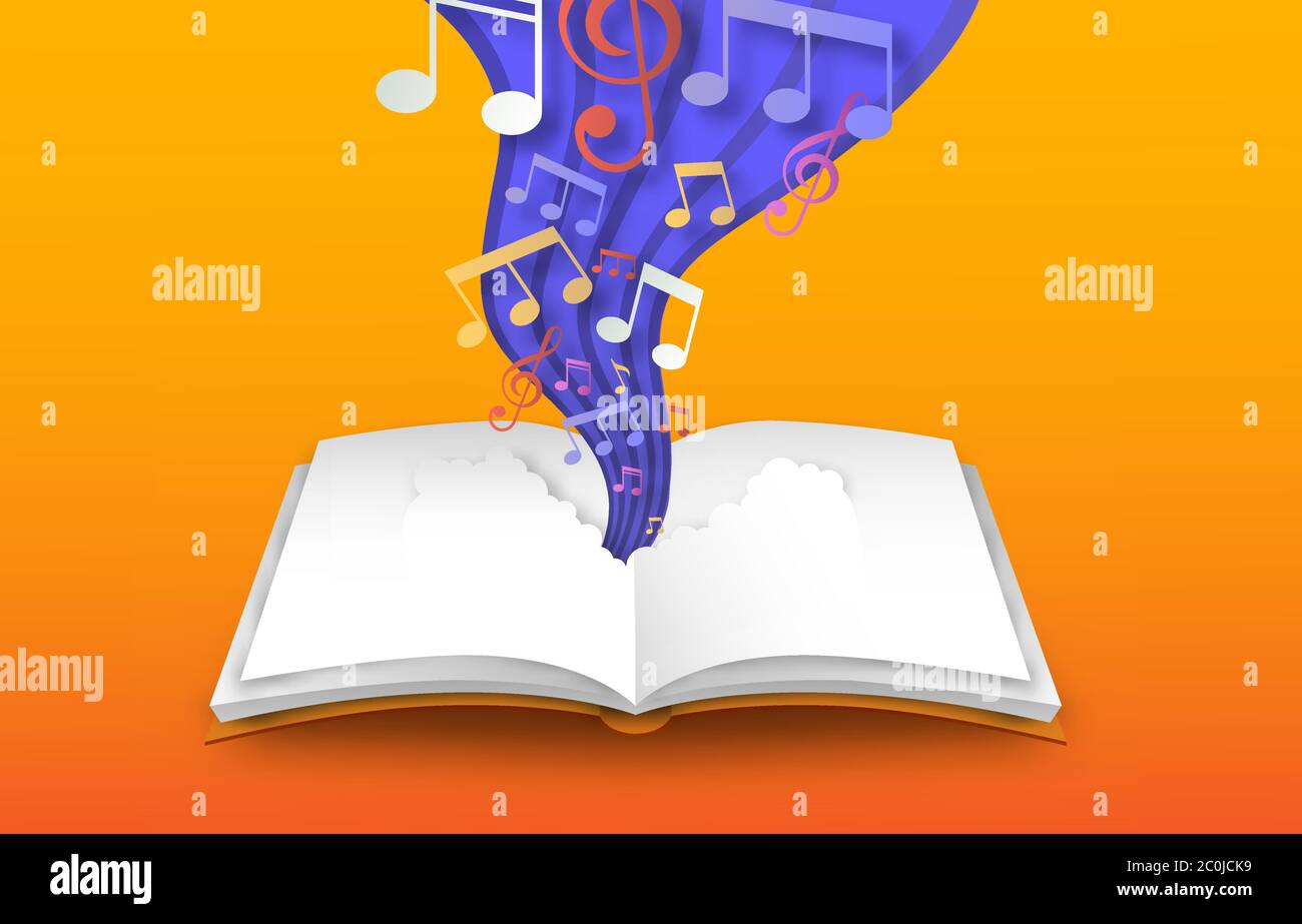 Öffnen Sie ein Buch mit bunten Notenblättern in Papierform. Musikalische Skill Design, 3d-Papercut-Illustration für Bildung oder kreative Konzept. Stock Vektor
