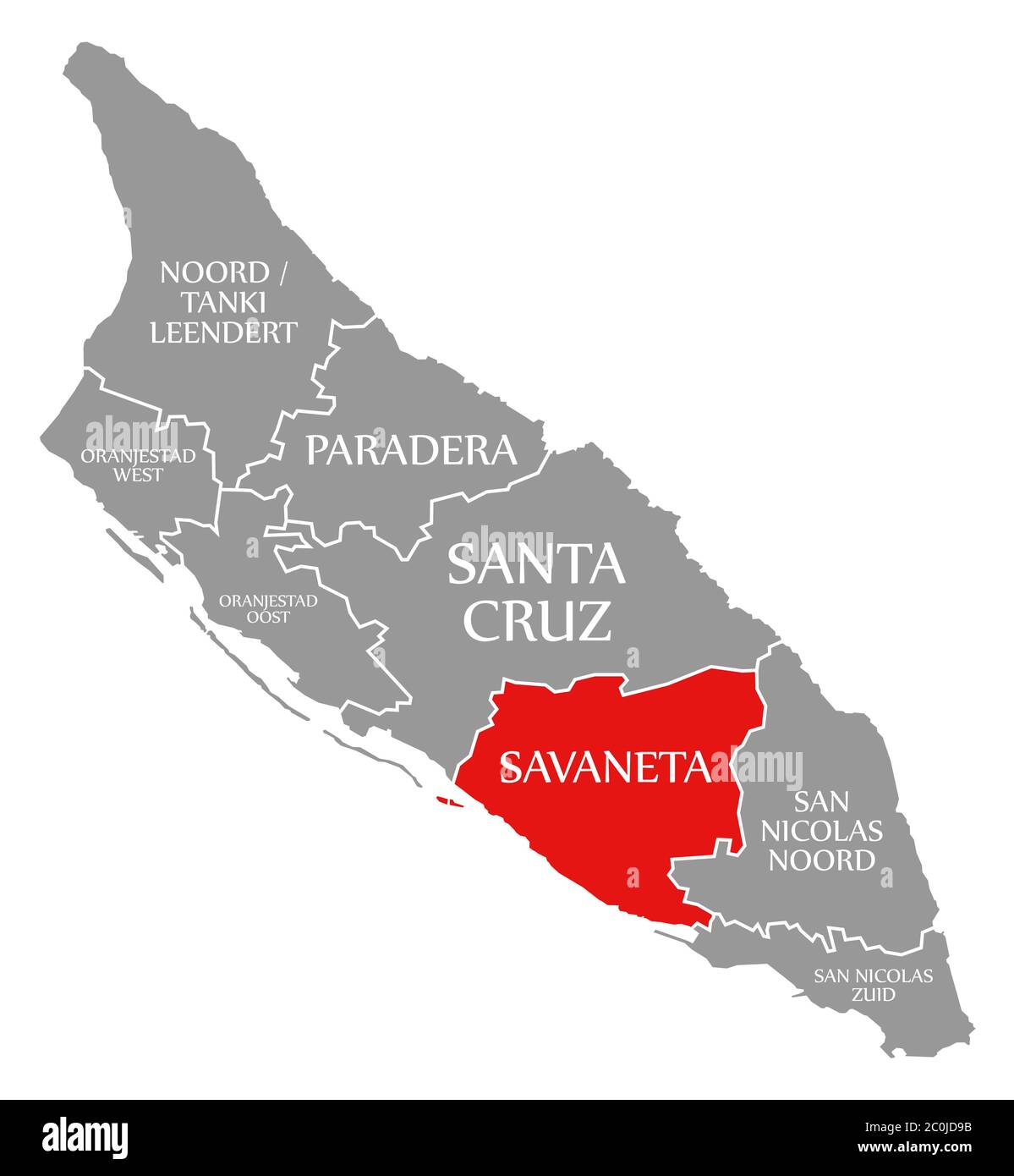 Savaneta rot hervorgehoben in der Karte von Aruba Stockfoto