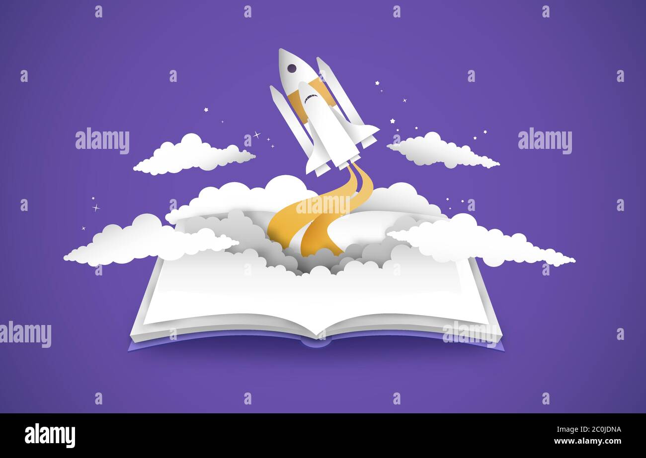 Öffnen Sie Buch von Raketenschiff fliegen in den Weltraum in Papier geschnitten Stil mit Raumschiff und Himmel Wolke. Kreative Exploration Design, 3d-Papercut-Illustration für BU Stock Vektor