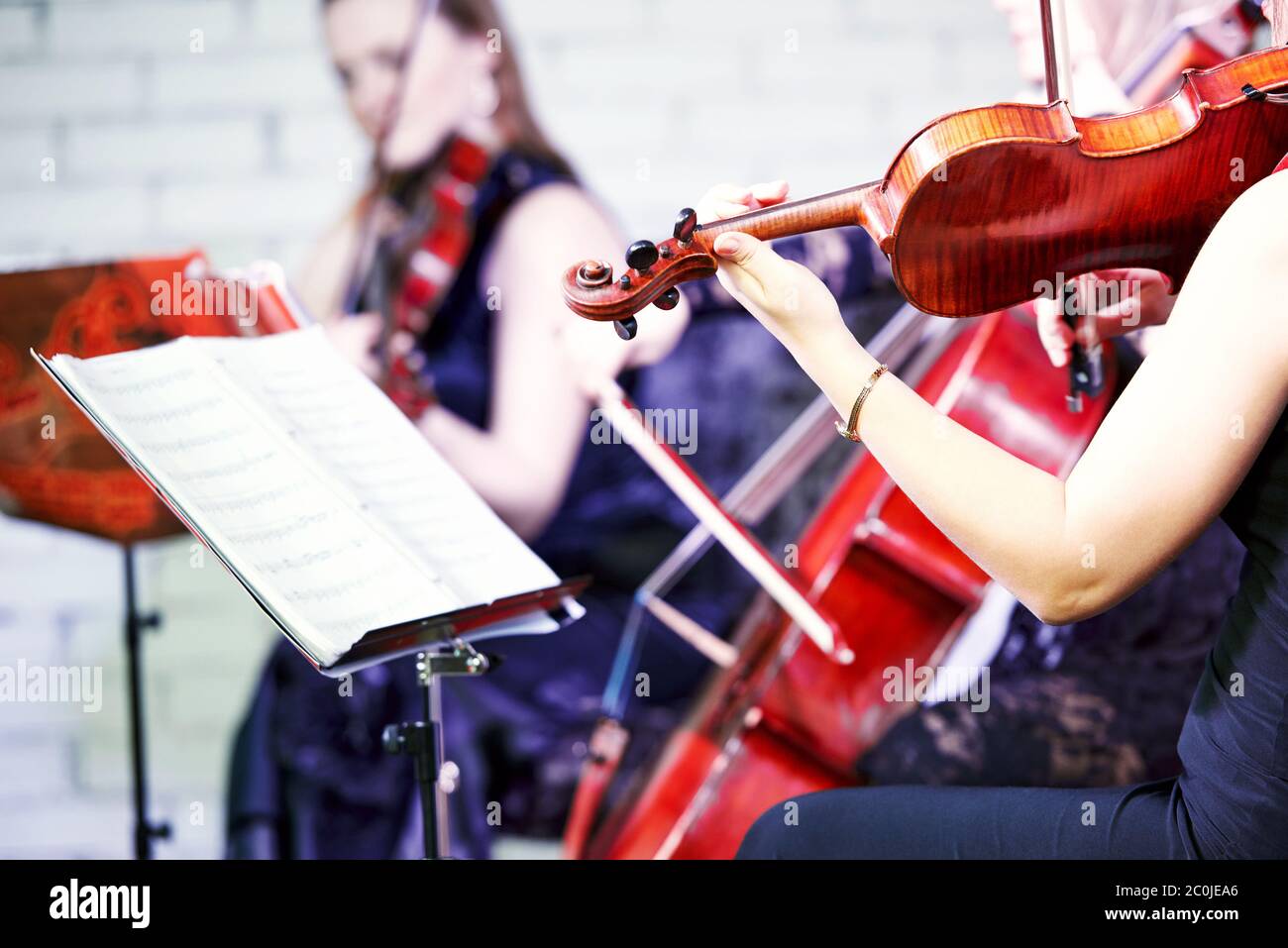 Hand der weiblichen Geigenspielerin Musiker spielt Musik auf Unterhaltung Party Stockfoto