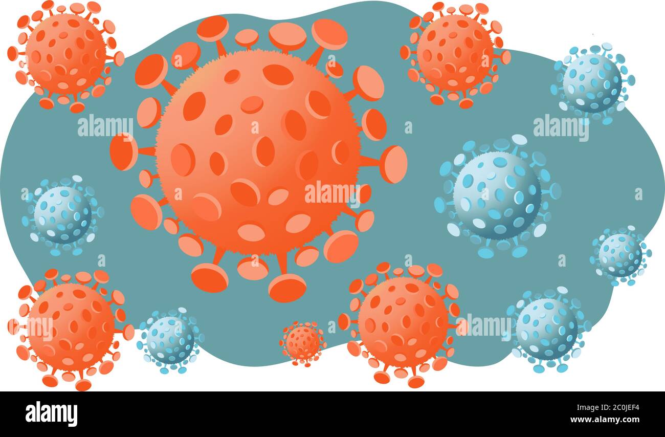 Coronavirus Covid-19 Symbol Hintergrund. Mikroskopische Ansicht von Viruszellen aus der Nähe. Hintergrund mit orangen und blauen Viruszellen. Vektorgrafik. Stock Vektor