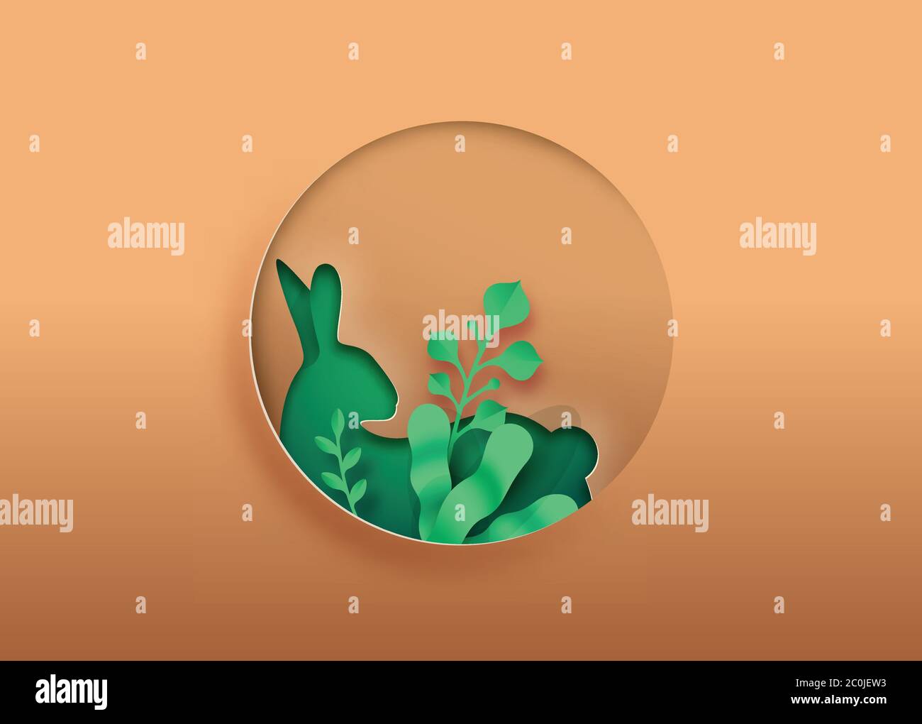 Kaninchen Papier Schnitt Illustration mit grünen Pflanzenblatt, kreisförmige Ausschnitt für Haustier Tierpflege, Bildung oder umweltfreundliche Tierwelt Konzept. Realistische BU Stock Vektor
