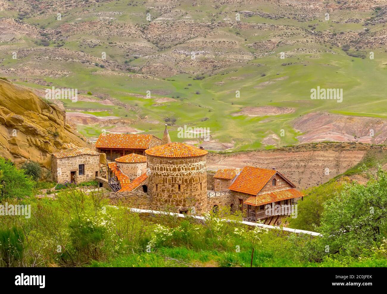 David Gareji oder Gareja Höhle Kloster Komplex Luftaufnahme in Georgien, Kacheti Region Stockfoto