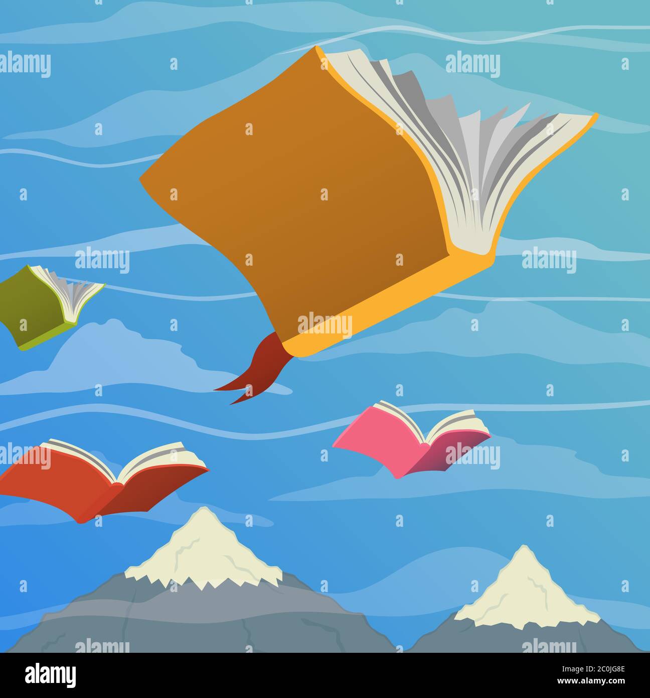 Offene Bücher fliegen in Himmel Berglandschaft zum Lesen Phantasie oder Bildung Wissen. Buntes Papierbuch mit Lesezeichen. Stock Vektor