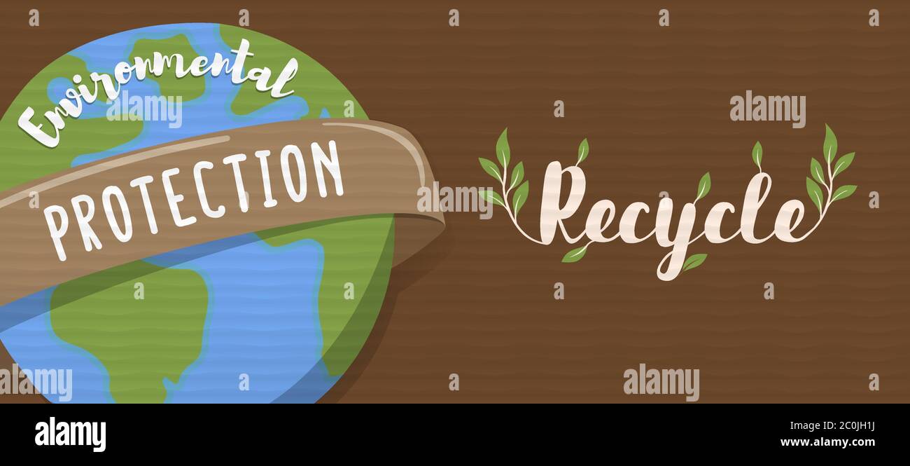 Umweltschutz Banner Illustration mit grünen Planeten und Karton Papier Textur für Recycling-Aktivität Kampagne. Stock Vektor