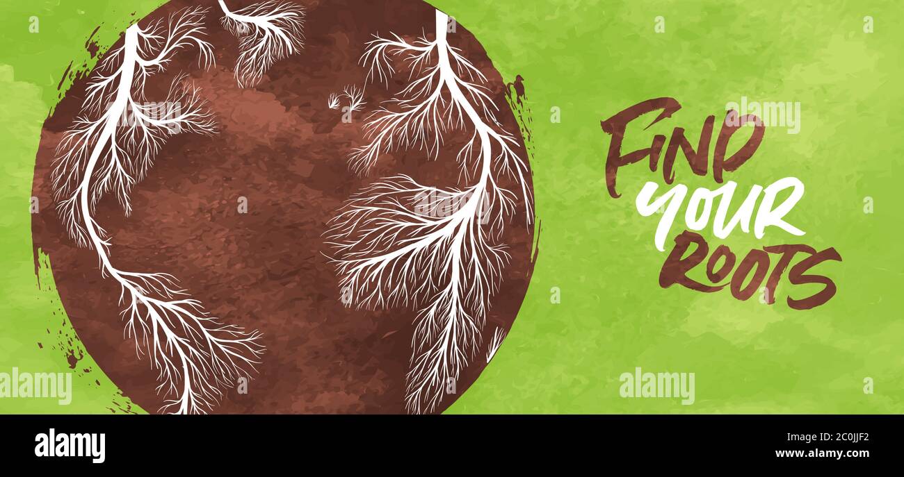 Finden Sie Ihre Wurzeln Banner Illustration, handgemachte Planet Erde mit grünen Weltkarte aus Baumwurzelzweig gemacht. Umweltfreundliche Kampagne oder Gemeinschaftsidentität Stock Vektor