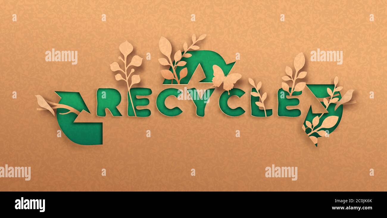 Recycling Zitat Papierschnitt Illustration mit Pflanzen Blatt und Vogel Tiere. Umweltfreundlicher Recycling-Text, Abfallkreislauf-Konzept wiederverwenden. 3d Ausschnitt in recyceltem pa Stock Vektor