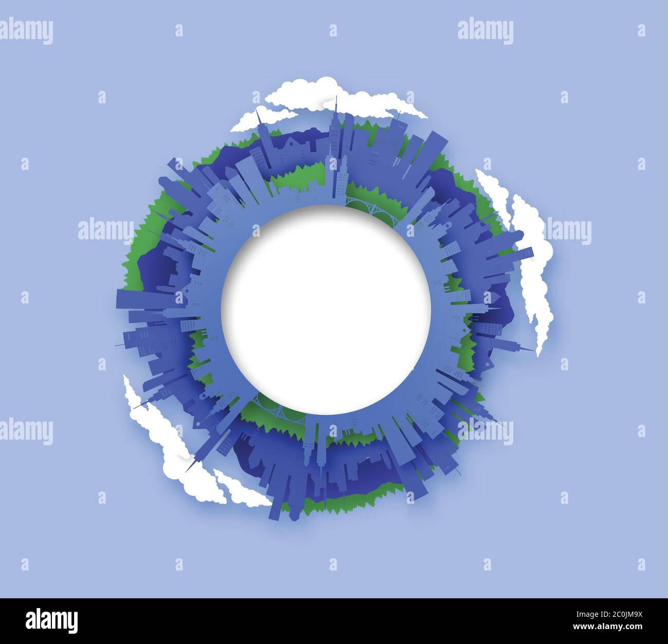 Papier geschnitten Stadt Kreis Rahmenvorlage mit modernen Tower-Architektur Gebäude, Baumparks und Himmel Wolken auf isoliertem Hintergrund. Panorama-Welt Stock Vektor