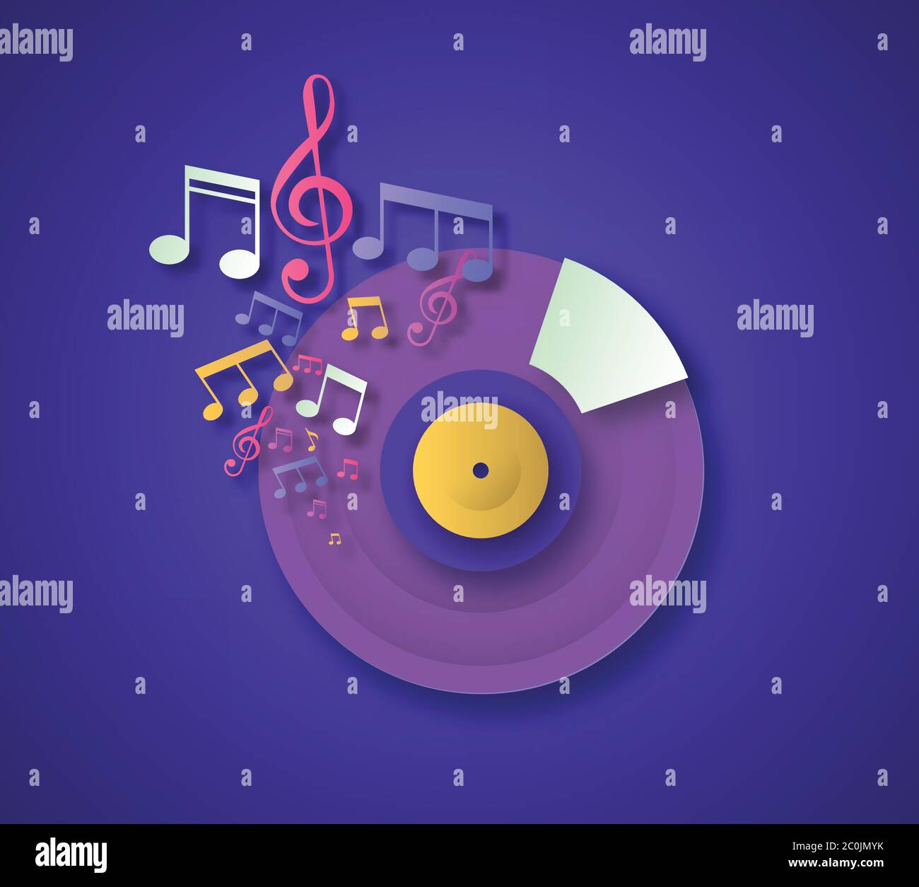Bunte Musiknoten und Vinyl-Musik im modernen Papierschnitt-Stil, isolierte Schallplatte für Audio-Entertainment, dj-Party oder Festival-Konzept. Stock Vektor