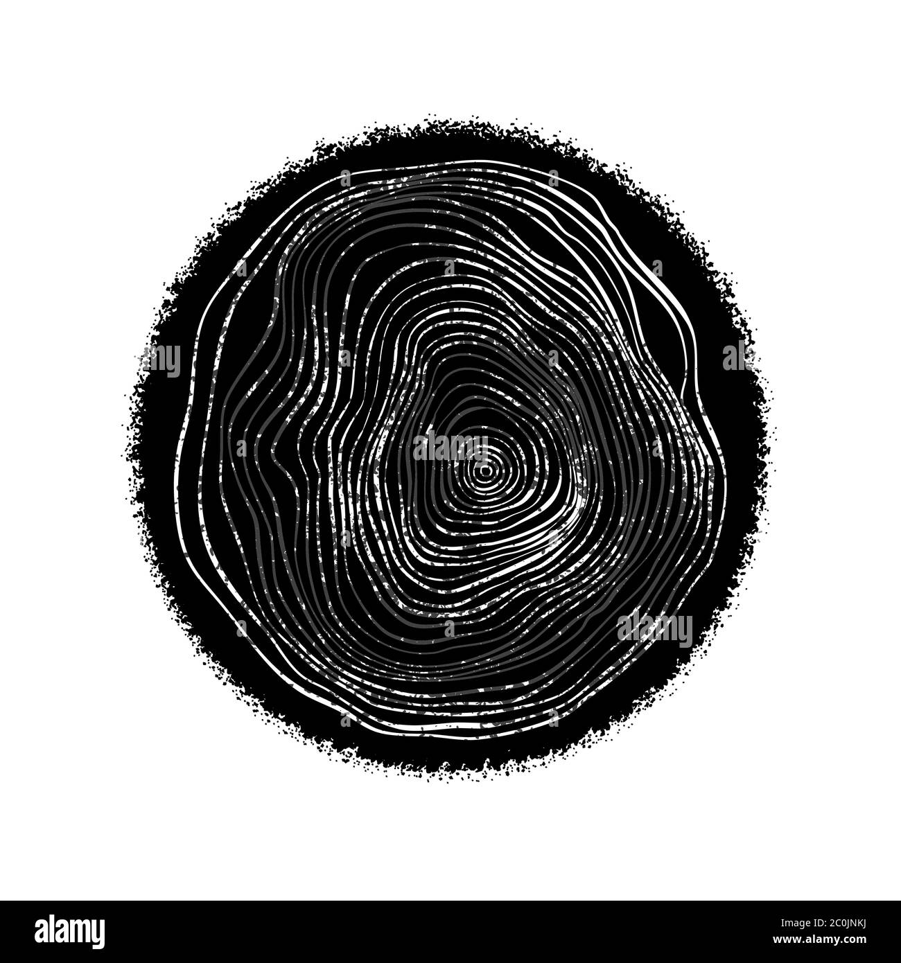 Baumringkreis in Draufsicht Handgezeichneter Stil, schwarz-weiße Scheibe Holzstamm auf isoliertem weißem Hintergrund für die Studie zur Pflanzenaltersstudie. Stock Vektor