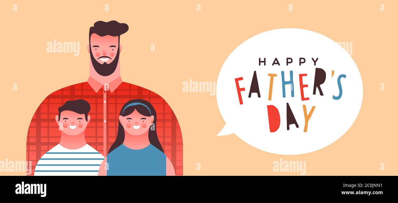 Happy Father's Day Banner Illustration von Papa mit kleinen Jungen und Mädchen Kinder lächeln. Familienportrait für besondere Vaterfeiertage. Stock Vektor