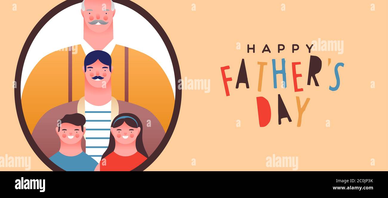 Glückwünsche Vatertag Grußkarte Illustration von Papa mit kleinen Jungen, Mädchen und Großvater lächeln. Multi Generation Familienportrait für besondere Tatsachen Stock Vektor