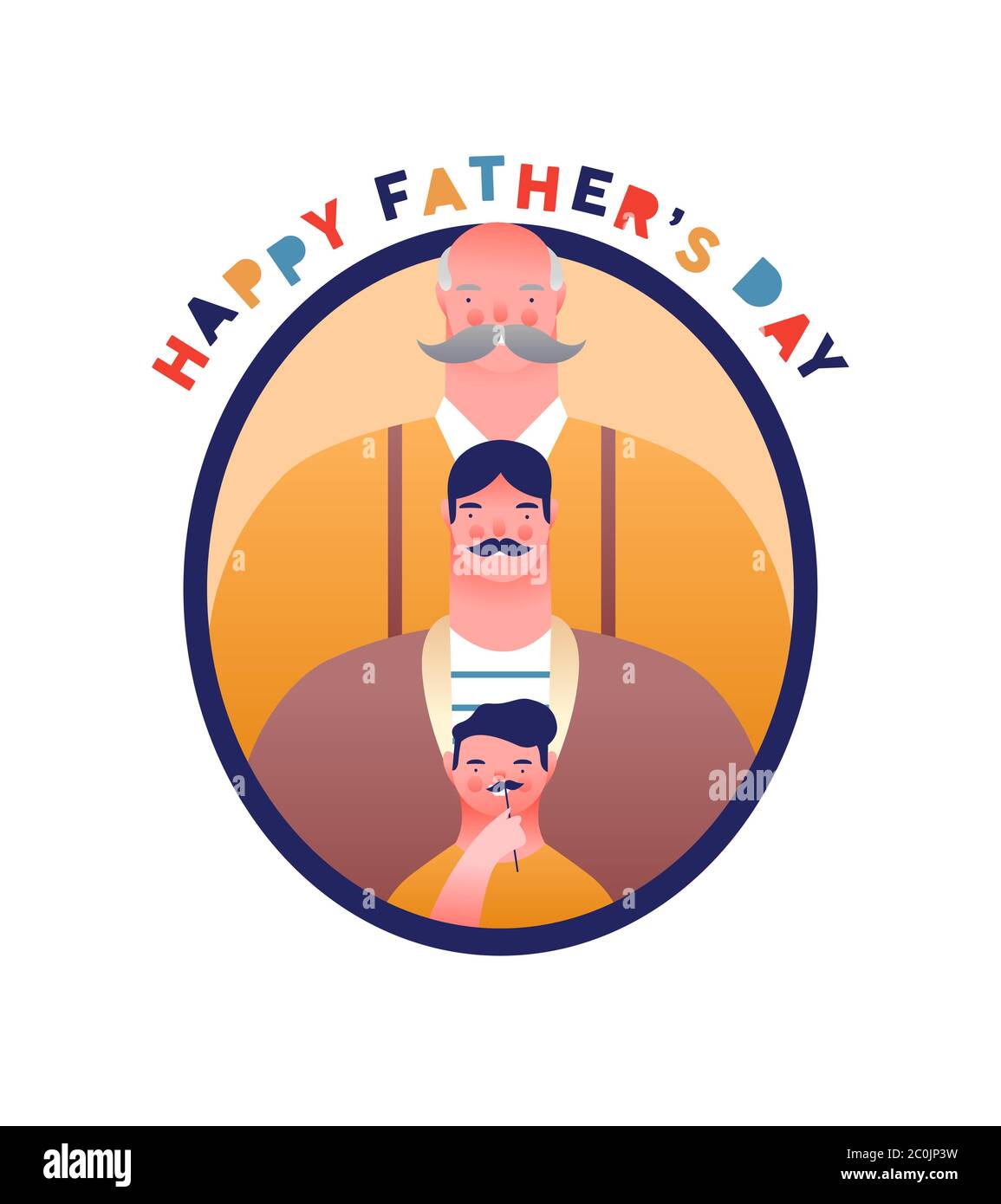 Glückwünsche Vatertag Grußkarte Illustration von lustigen Vater, kleinen Jungen Sohn und Großvater mit großen Schnurrbart. Multi-Generation-Familienportrait für sp Stock Vektor