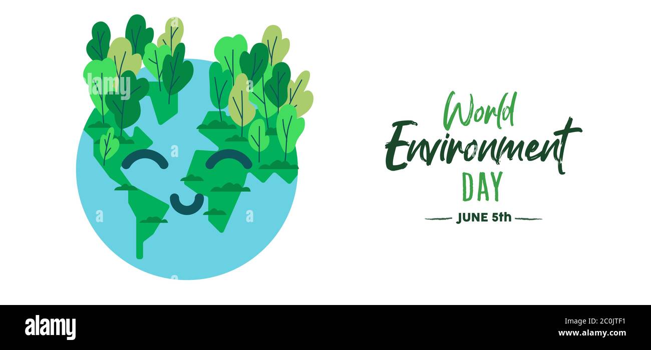Weltumwelttag Banner-Illustration der glücklichen Erde für 5. juni Natur Urlaub. Grüner Planet Charakter mit Bäumen und sauberem Wasser in niedlichen flachen c Stock Vektor
