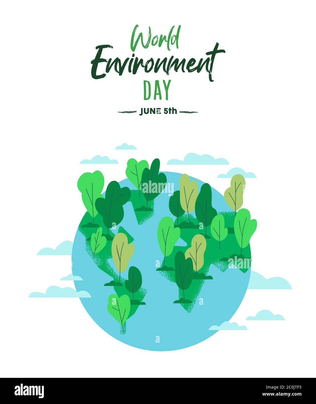 Weltumwelttag Illustration der grünen Erde für 5. juni Natur Urlaub. Sauberer Planet mit Bäumen und blauem Wasser im flachen Cartoon-Stil. Stock Vektor