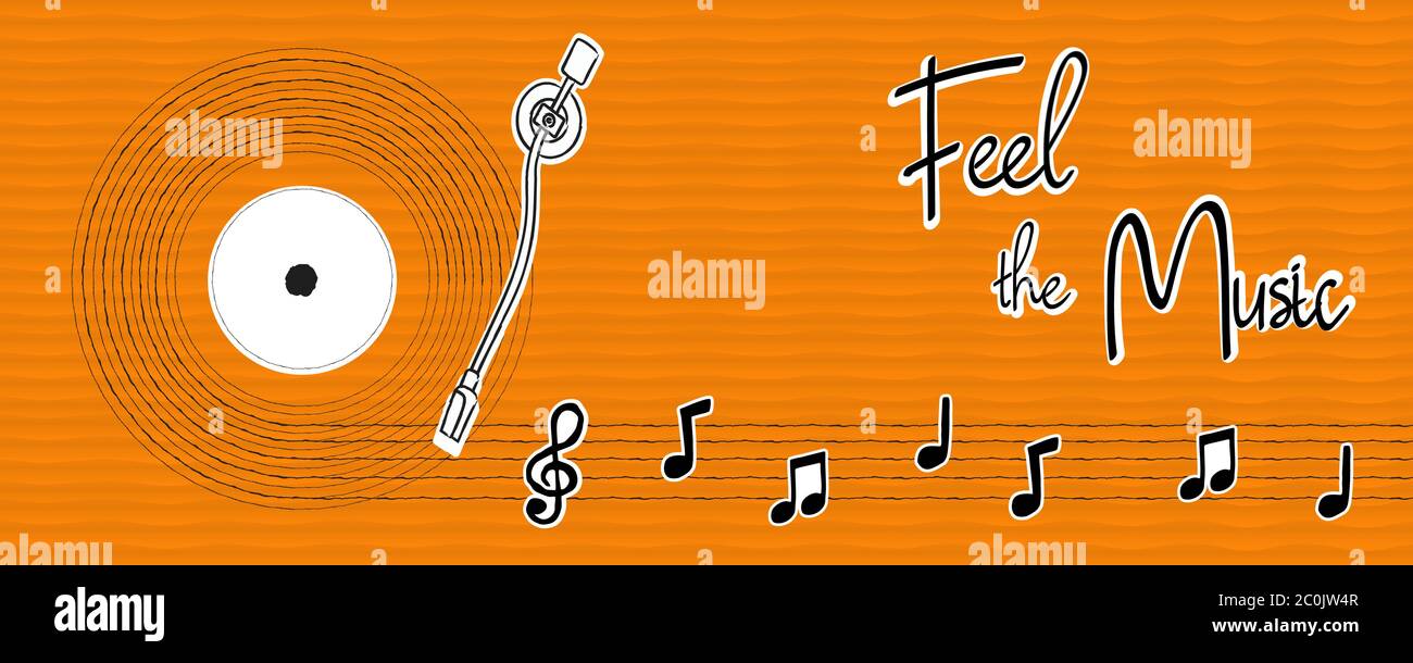 Fühlen Sie die Musik Banner Illustration von Hand gezeichneten Vinyl-cd spielen Noten. Retro Sound Audio Equipment Konzept für Kultur Unterhaltung, Party Stock Vektor
