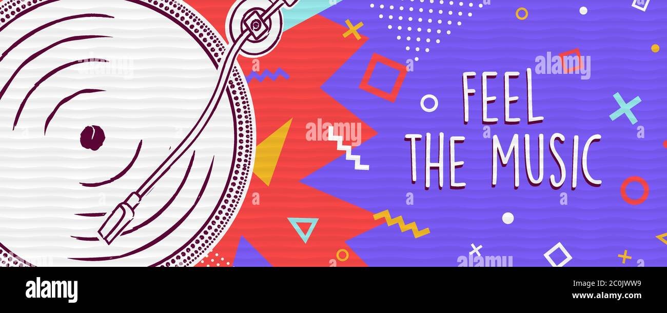 Fühlen Sie die Musik Banner Illustration von Hand gezeichneten Vinyl-cd spielen. Buntes Retro Sound Audio Equipment Konzept für Kultur Entertainment, Party oder fe Stock Vektor