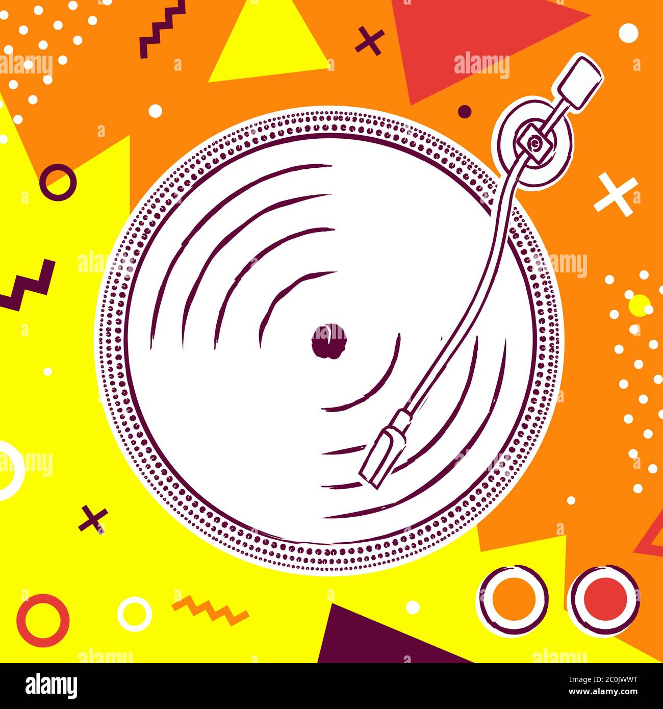 Vinyl-Musik-Player Illustration von Hand gezeichnete cd spielen. Buntes Retro Sound Audio Equipment Konzept für Kultur Unterhaltung, Party oder Festival ev Stock Vektor