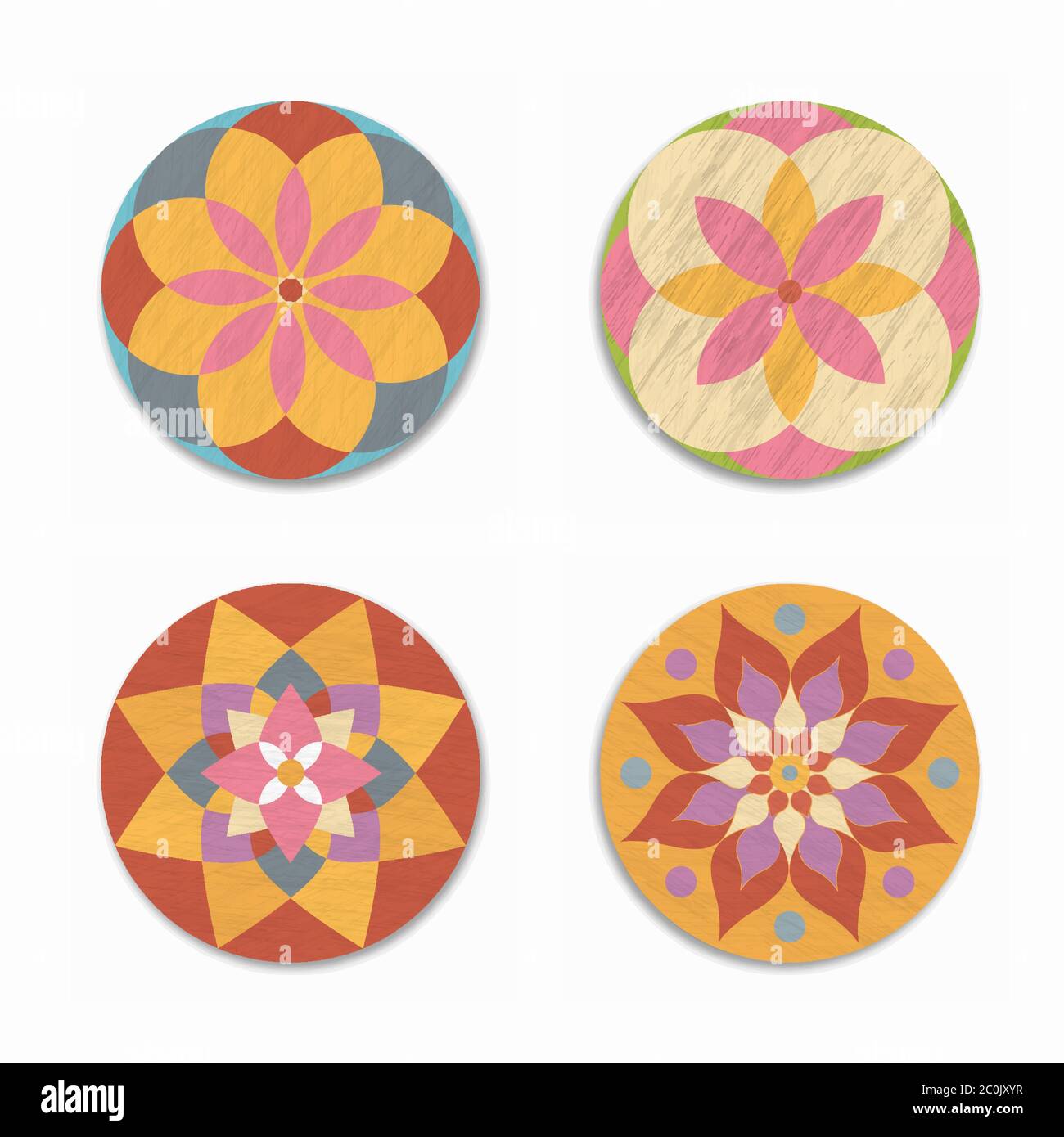 Abstrakte indische Mandala oder heilige Geometrie Dekoration mit bunten Blumenkreis und trendige Farbtextur auf isoliertem weißem Hintergrund gesetzt. Stock Vektor