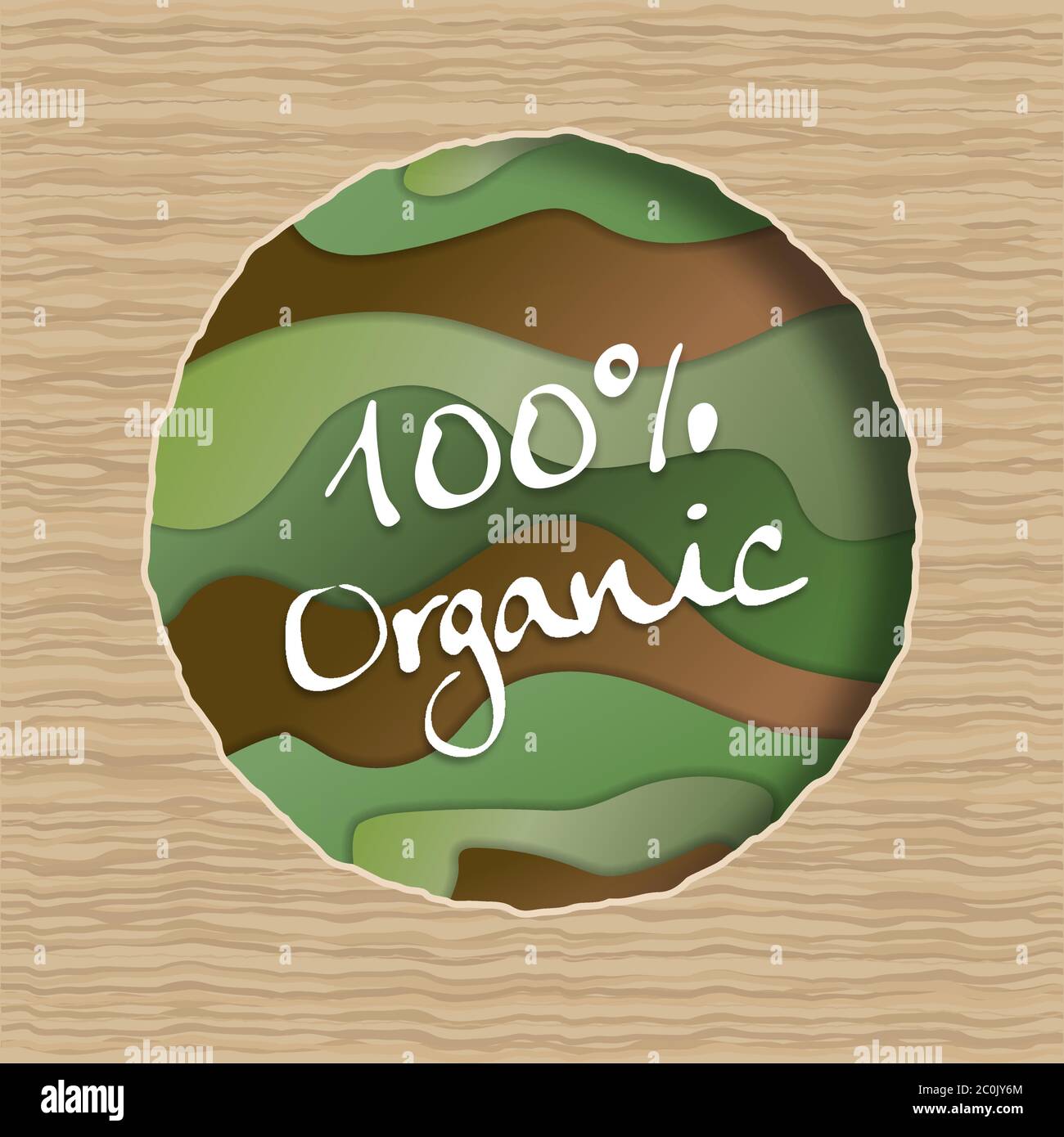 100% Organic Kreis Etikett Illustration mit grünem Papier geschnitten Holz Hintergrund. Vegetarisches Produkt Aufkleber Konzept für Restaurant oder Öko-Markt. Stock Vektor