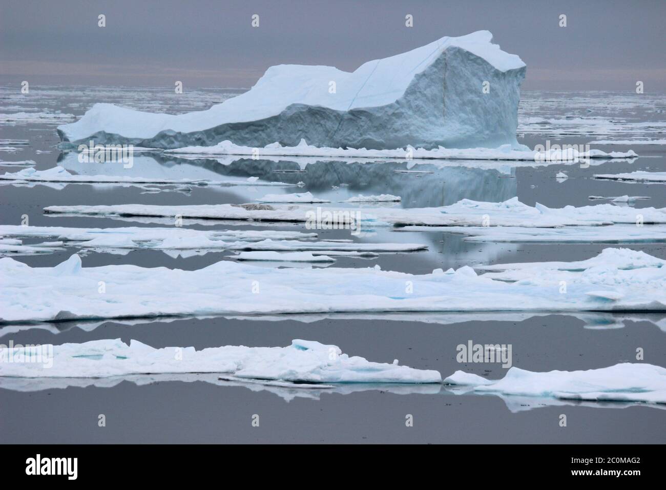 Ice Berg zwischen Eisschollen, Davis Strait, Ostküste Baffin Island, Nunavut, Kanada vom CCGS Amundsen aus gesehen Stockfoto