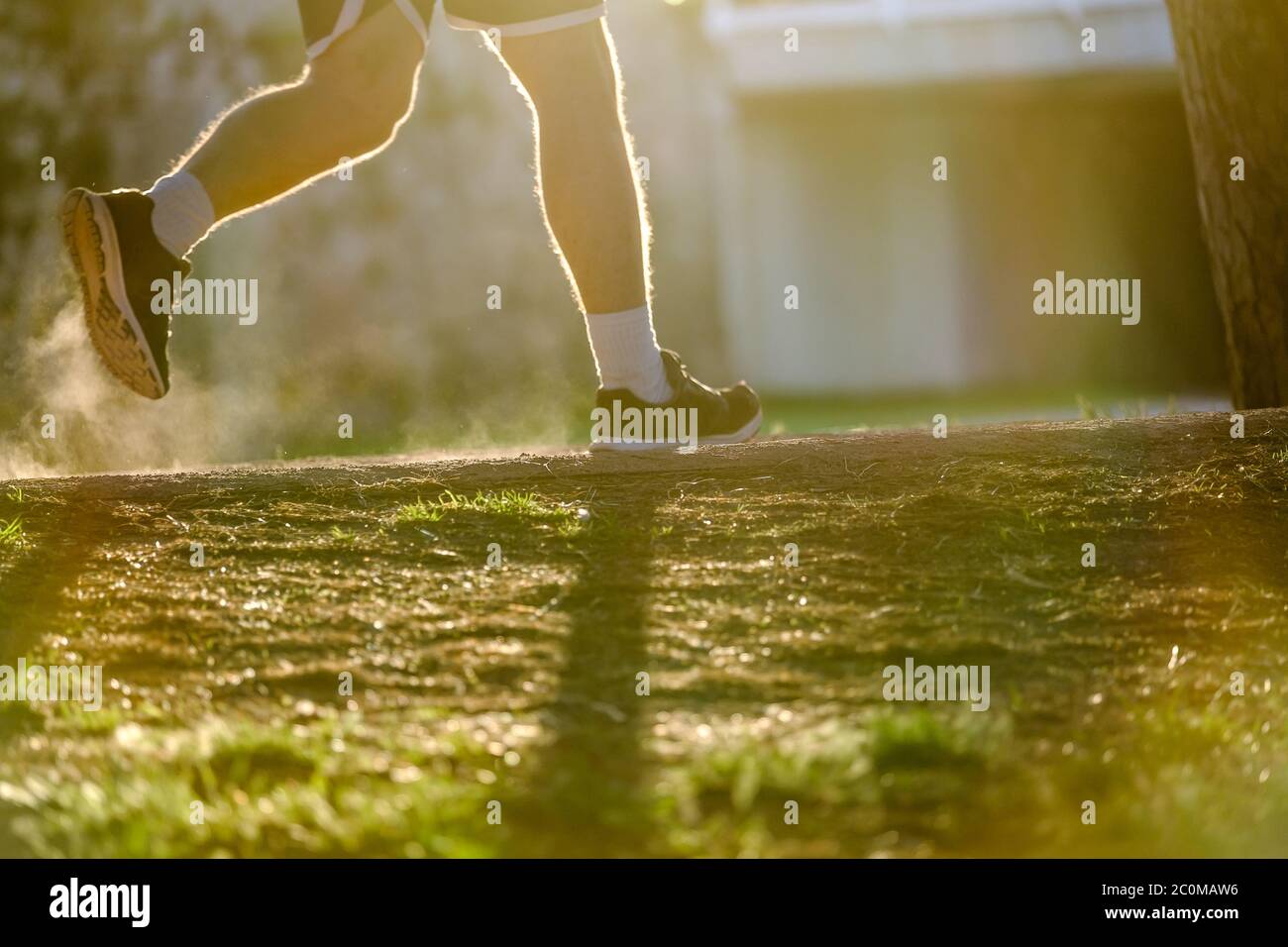 Staub beim Laufen, Bewegungsbild mit verschwommener Hintergrundbeleuchtung, sportliches Fitness- und gesundes Lifestyle-Konzept Stockfoto