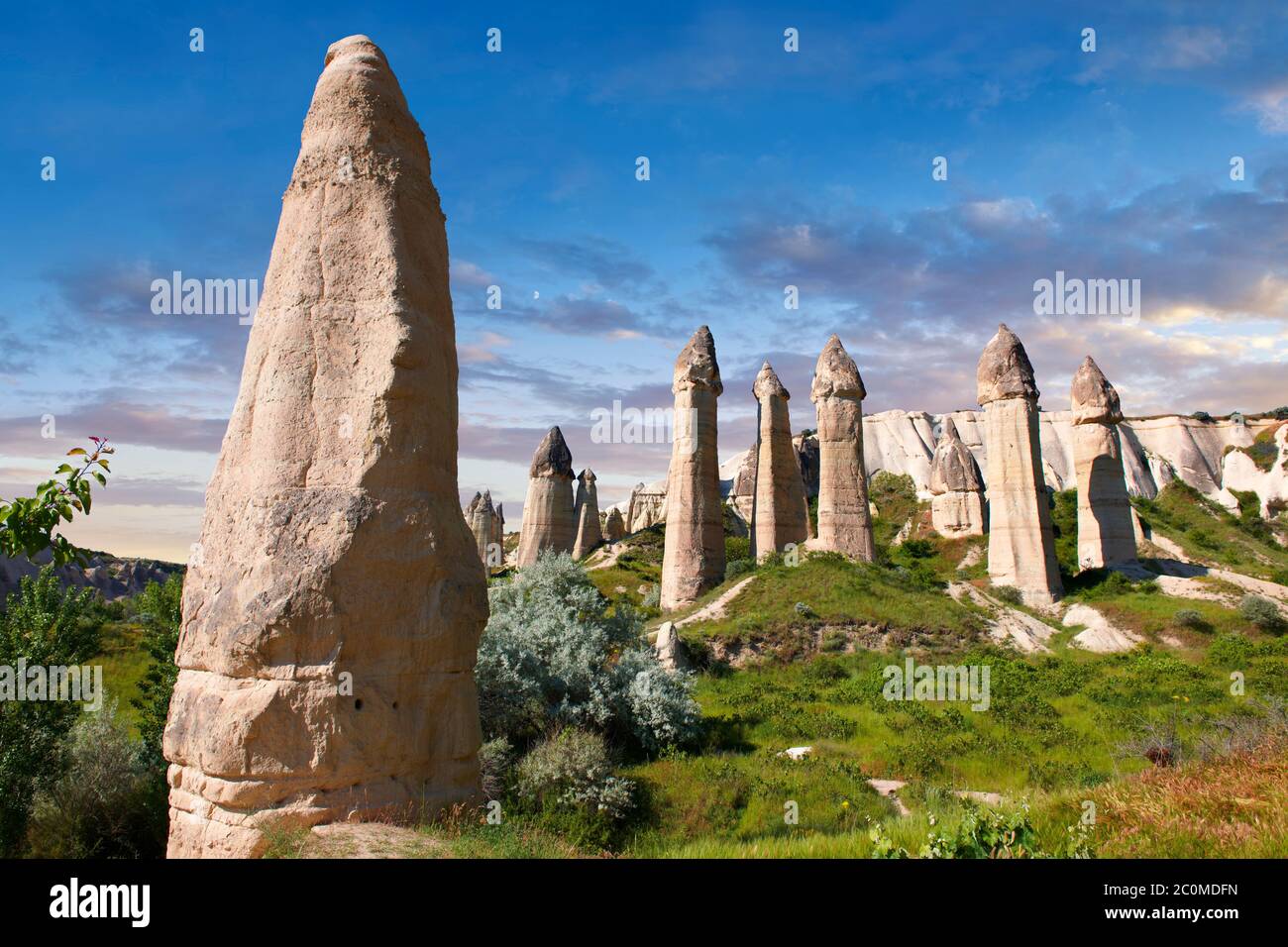 Die Feen Schornsteinfelsen und Felspfeiler des „Love Valley“ in der Nähe von Goreme, Kappadokien, Nevsehir, Türkei Stockfoto