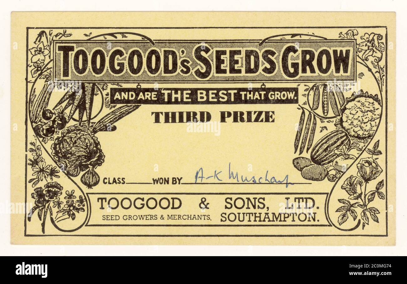 Toogogood's Seeds Promotion dritten Preis Zertifikat, wunderschön mit Bildern von Blumen und Gemüse illustriert, datiert auf Rückseite 1963, Großbritannien Stockfoto