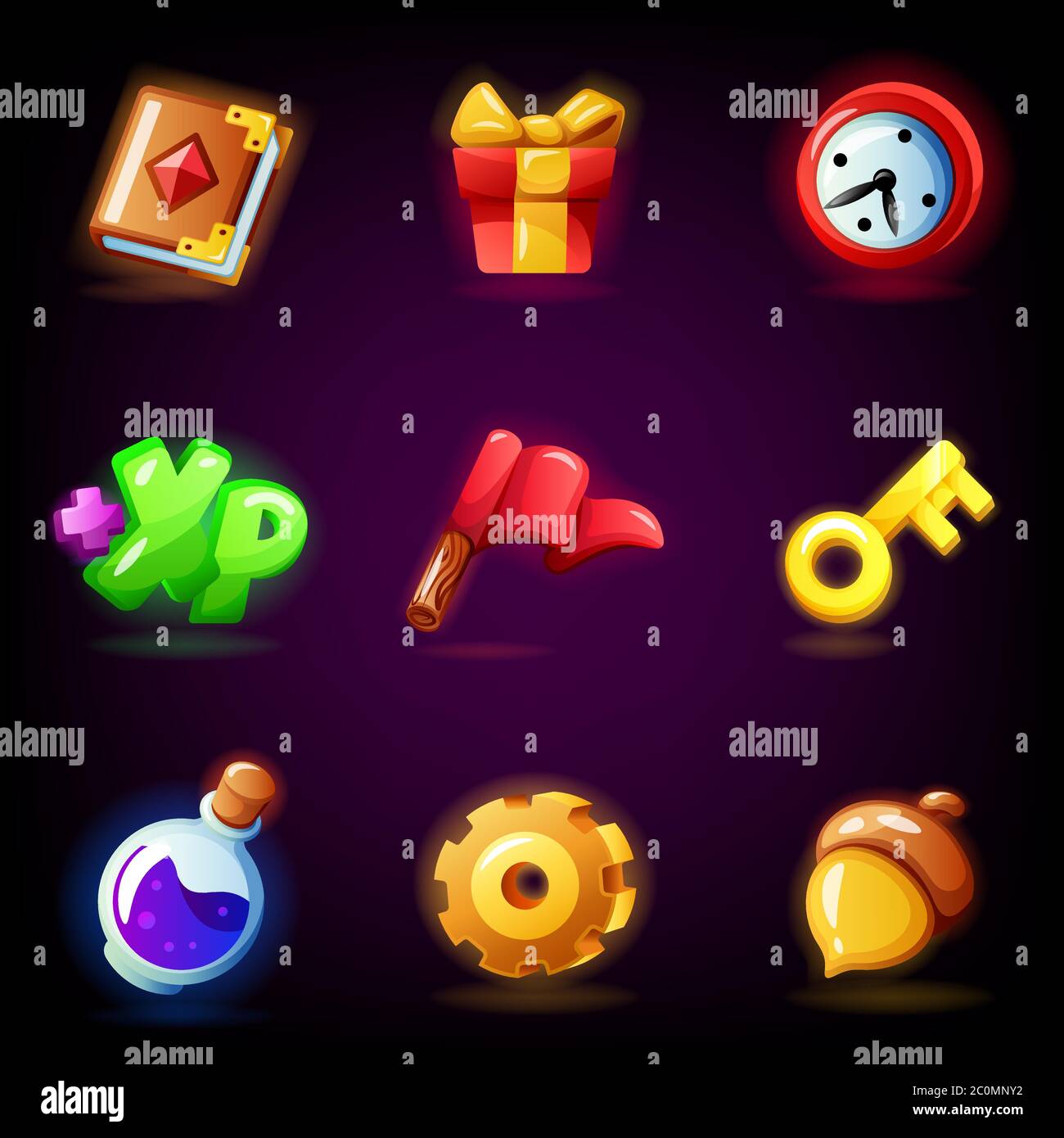 Mobile Spiel Symbole auf dunklem Hintergrund isoliert gesetzt. GUI-Elemente für mobile App, Vektor-Illustration Pack in Cartoon-Stil Stock Vektor