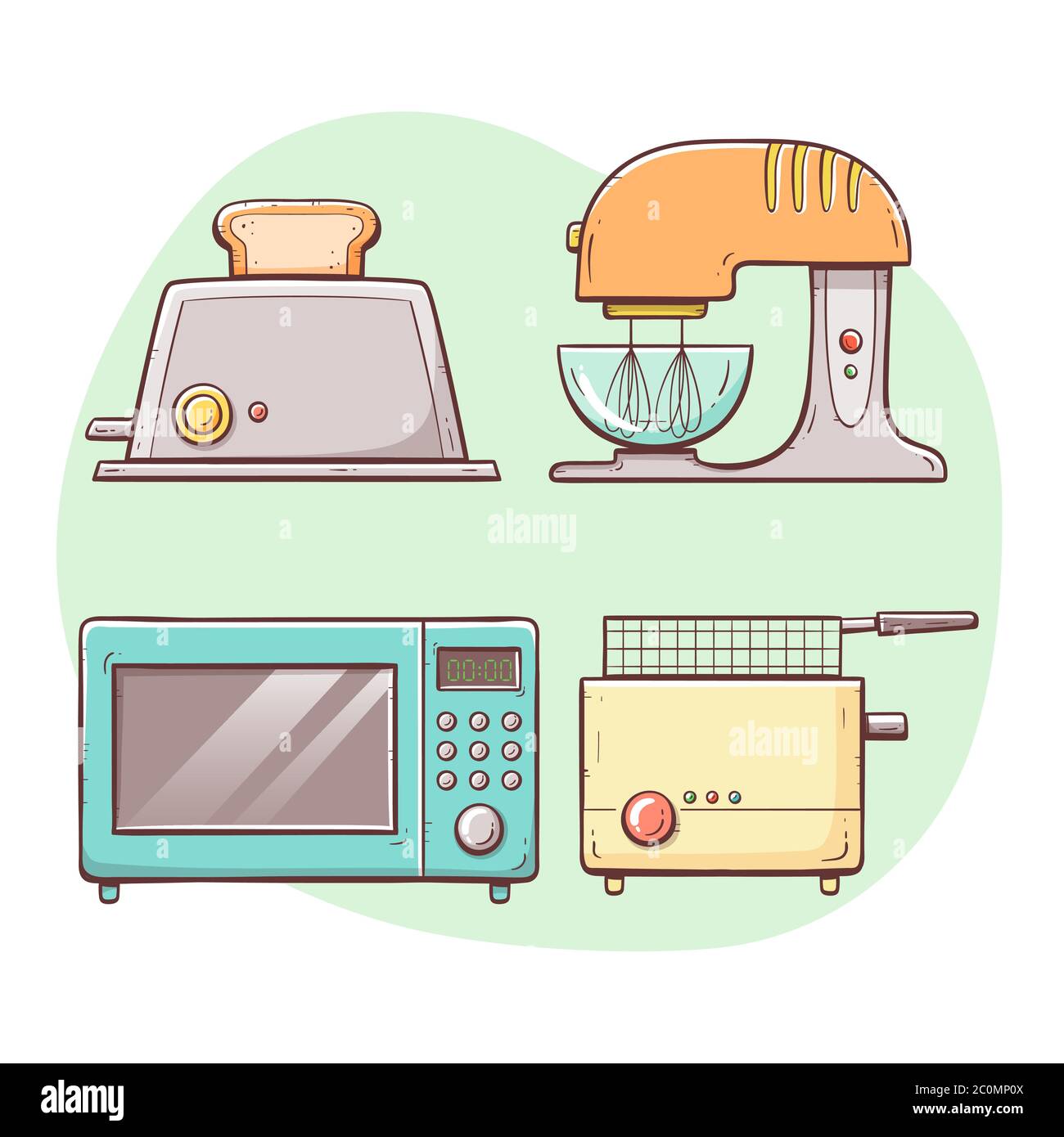 Küchengeräte. Toaster, Mikrowelle, Fritteuse, Mixer. Handgezeichnete bunte  Sammlung Stock-Vektorgrafik - Alamy