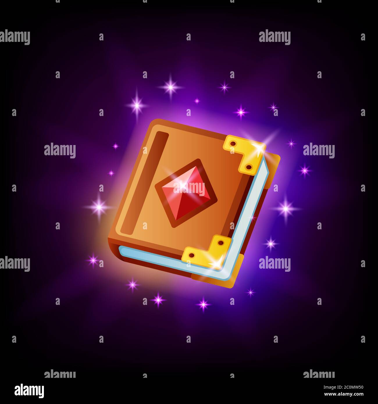 Magic Spell Book Icon ui-Element für Spiel oder mobile App-Design auf dunklem Hintergrund. Märchen Vektor-Symbol im Cartoon-Stil Stock Vektor