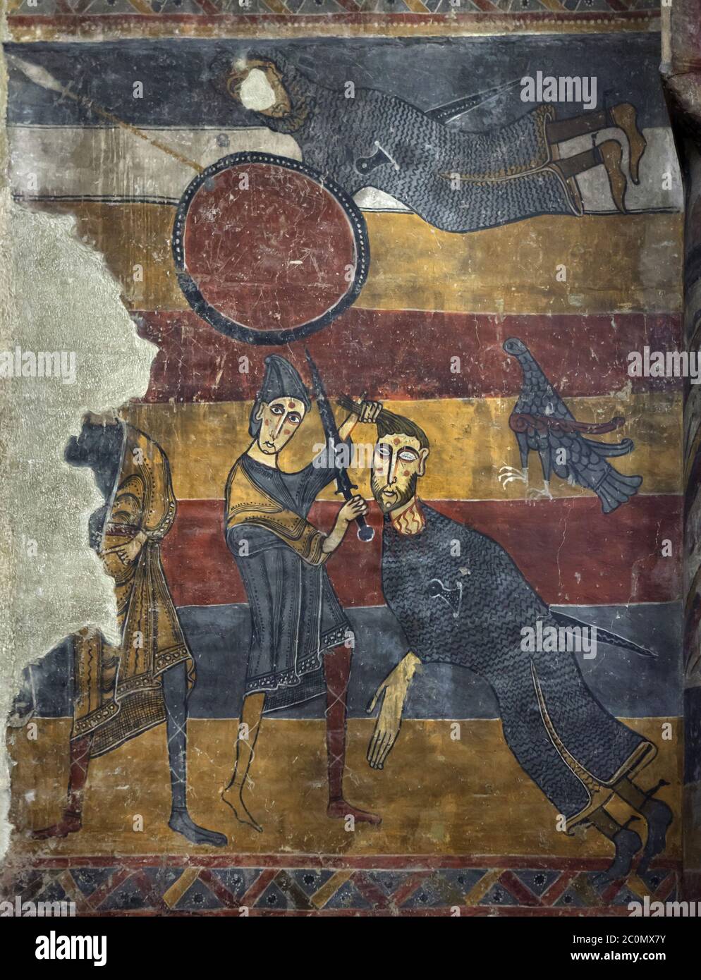 David und Goliath, die in dem vor 1123 fertiggestellten mittelalterlichen romanischen Fresko aus der Kirche Santa Maria de Taüll in der Gegend von Vall de Boí in Alta Ribagorça in Katalonien, Spanien, dargestellt sind, das jetzt im Nationalen Kunstmuseum von Katalonien (Museu Nacional d'Art de Catalunya) in Barcelona ausgestellt ist, Katalonien, Spanien. Stockfoto