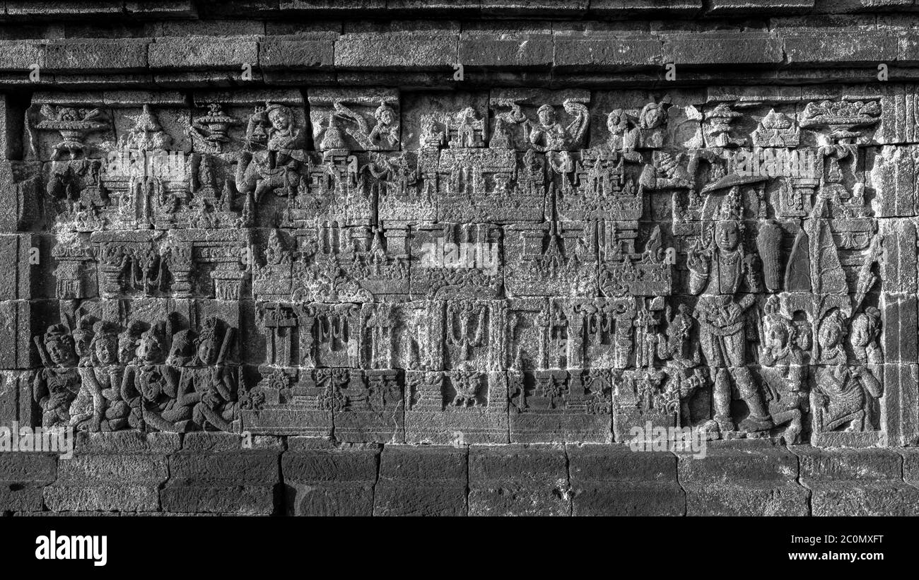 Borobudur Statue, Relief und Stupa Stockfoto