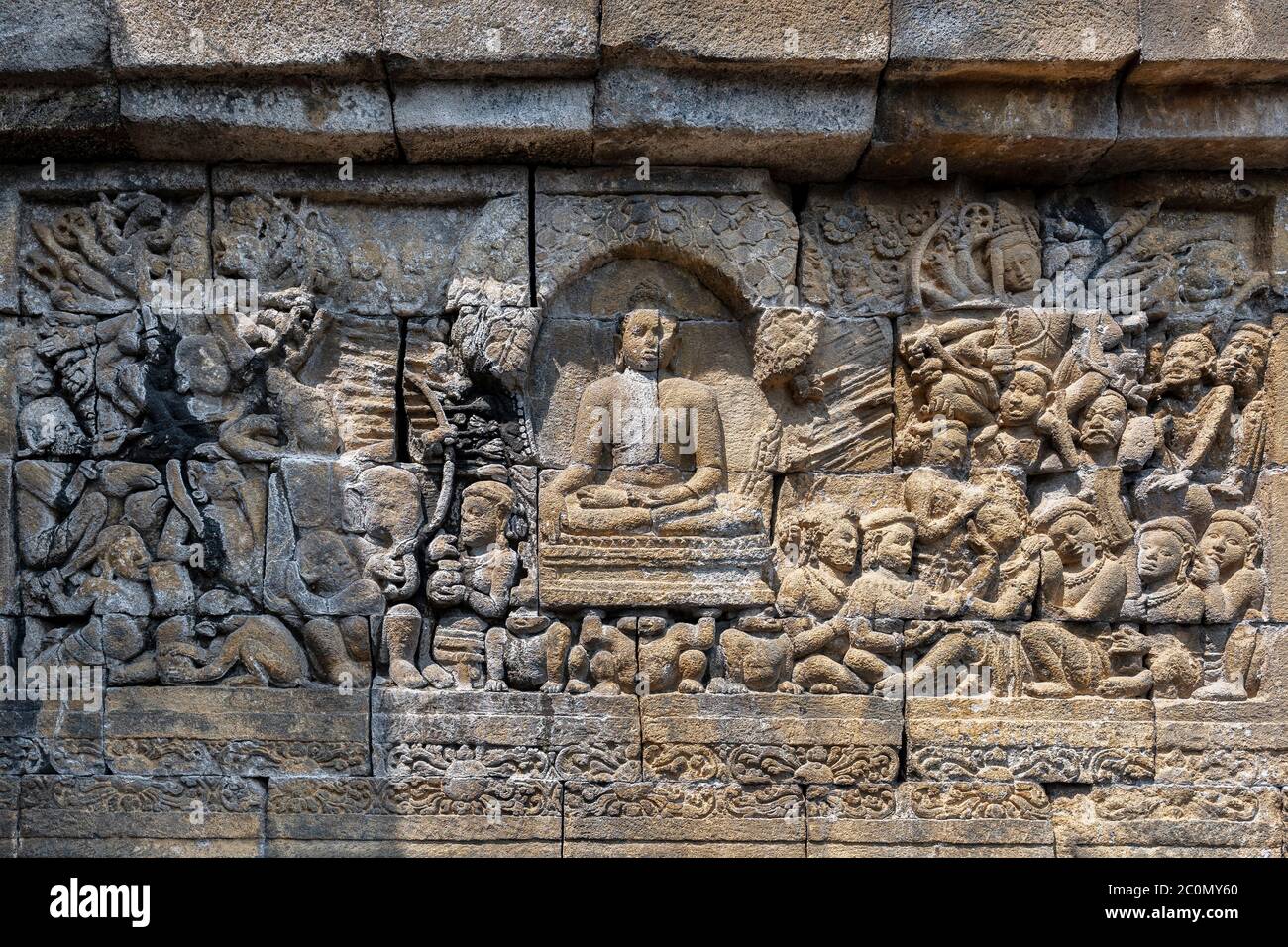 Borobudur Statue, Relief und Stupa Stockfoto