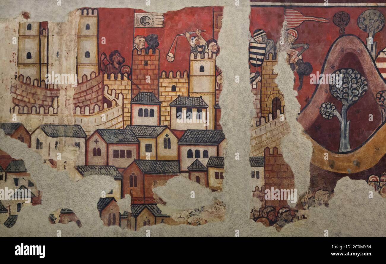 Eroberung Mallorcas in den gotischen Wandmalereien von 1285-1290 dargestellt, jetzt auf dem Display im National Art Museum von Katalonien (Museu Nacional d'Art de Catalunya) in Barcelona, Katalonien, Spanien. Der Angriff auf Medina Mayurqa (Palma de Mallorca) von König James I. dem Eroberer am 31. Dezember 1229 ist im Detail dargestellt. Die Wandmalereien eines anonymen katalanischen Malers, bekannt als Meister der Eroberung Mallorcas (Maestro de la conquista de Mallorca), wurden aus dem ehemaligen Stammhaus der Familie Caldes im Palau Aguilar (Palast Aguilar) in der Carrer de Montcada in Ba verlegt Stockfoto