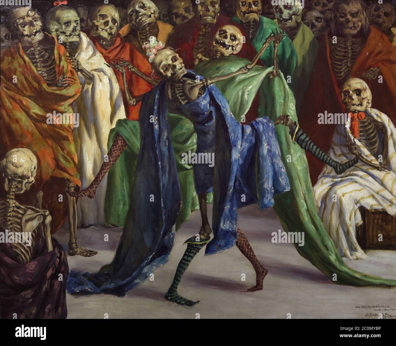 Gemälde "Party on Mobilization Day" des spanischen modernistischen Malers Daniel Sabater (1936) im Nationalen Kunstmuseum von Katalonien (Museu Nacional d'Art de Catalunya) in Barcelona, Katalonien, Spanien. Stockfoto