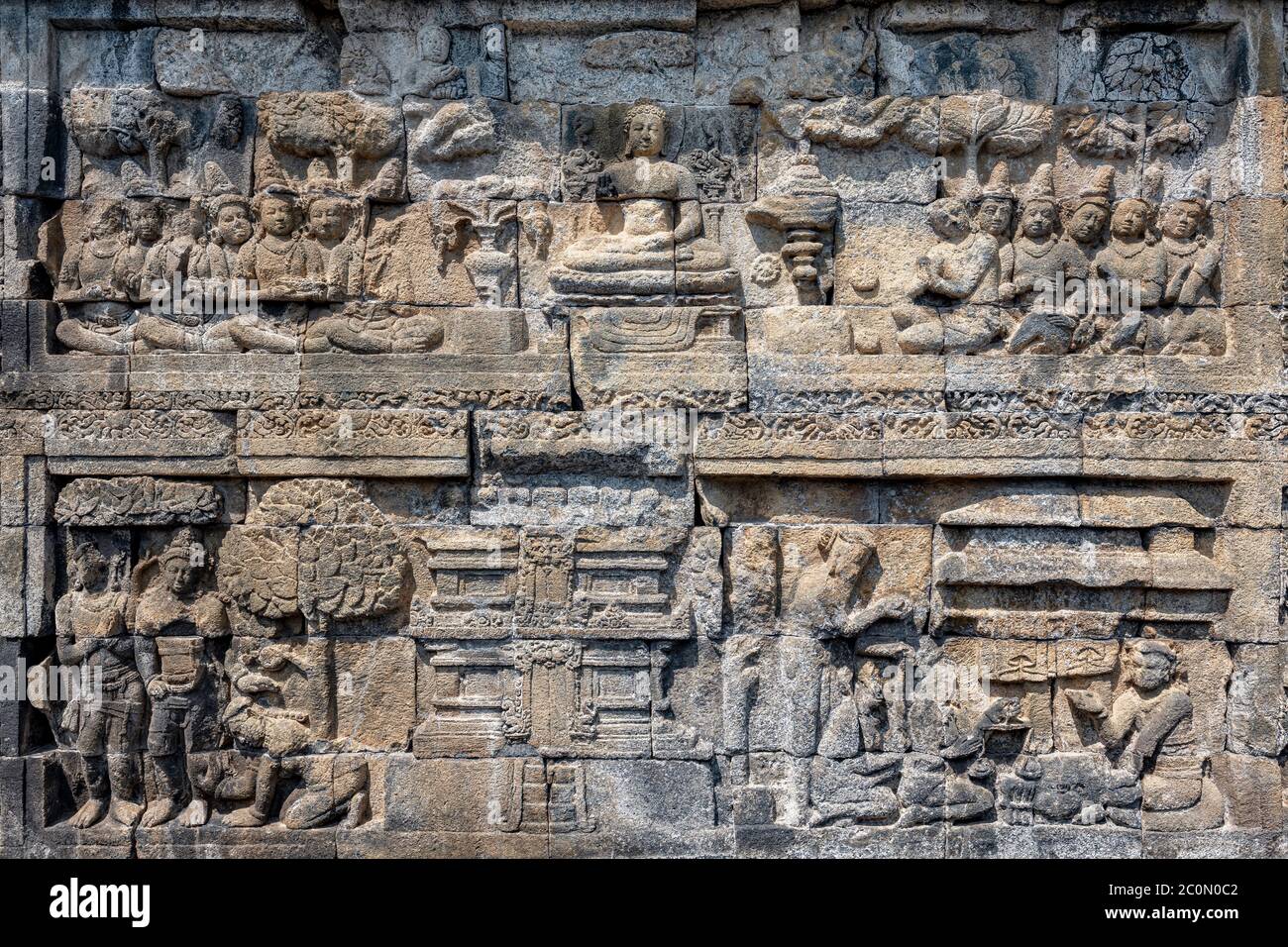 Borobudur Statue, Relief und Stupa Stockfoto