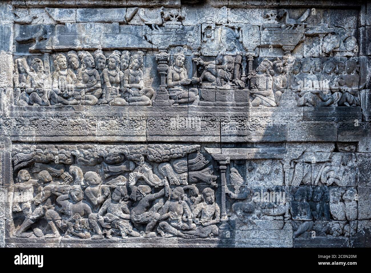 Borobudur Statue, Relief und Stupa Stockfoto