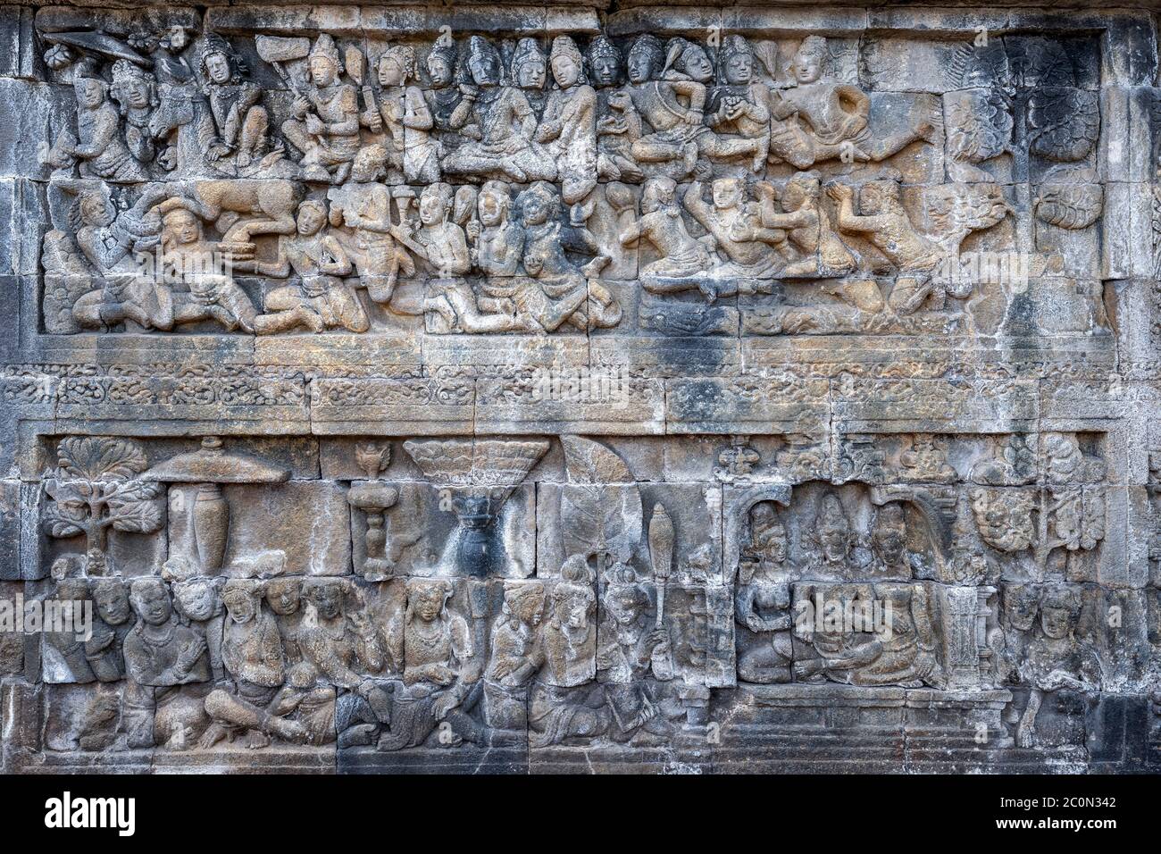 Borobudur Statue, Relief und Stupa Stockfoto