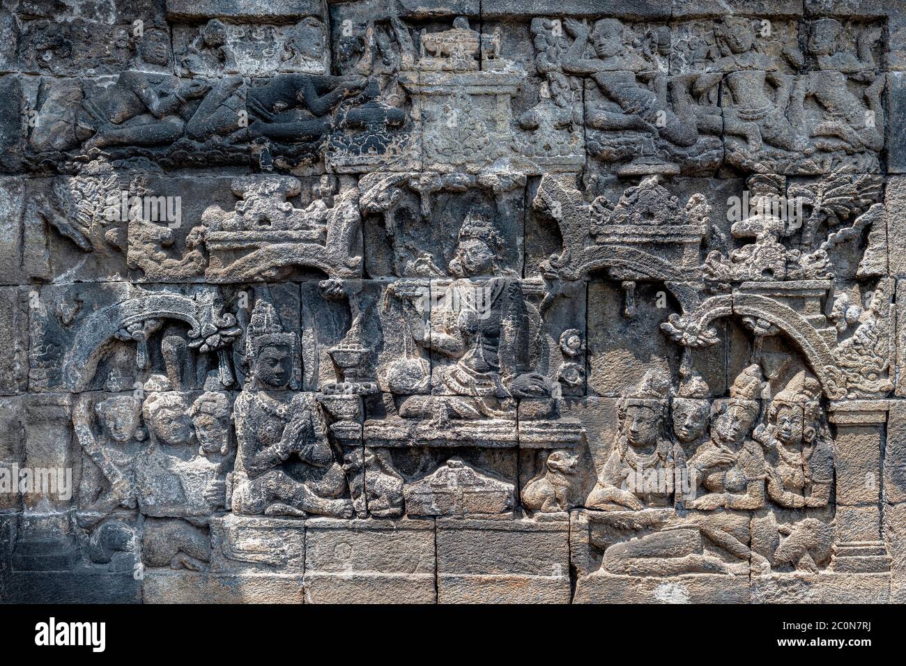 Borobudur Statue, Relief und Stupa Stockfoto