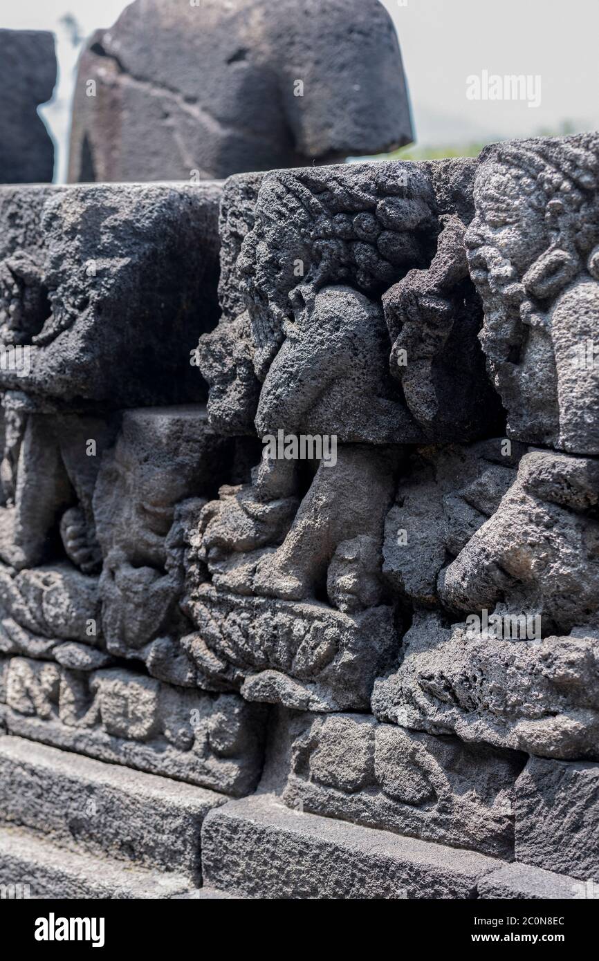 Borobudur Statue, Relief und Stupa Stockfoto
