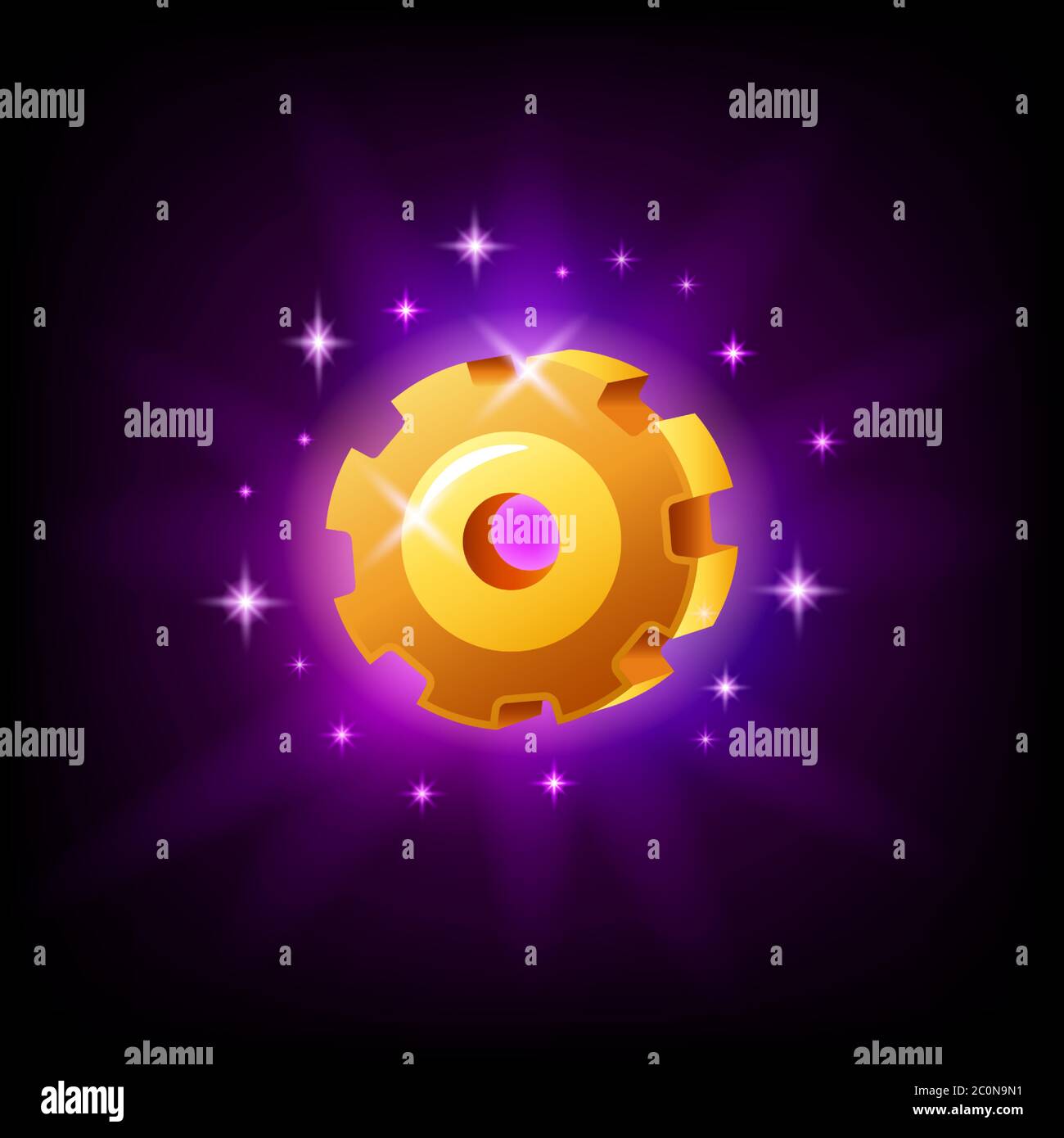 Einstellungen Getriebe Spiel-Interface-Symbol auf schwarzem Hintergrund. Mobiles Anwendungselement Zahnrad. Vektorgrafik im Cartoon-Stil Stock Vektor